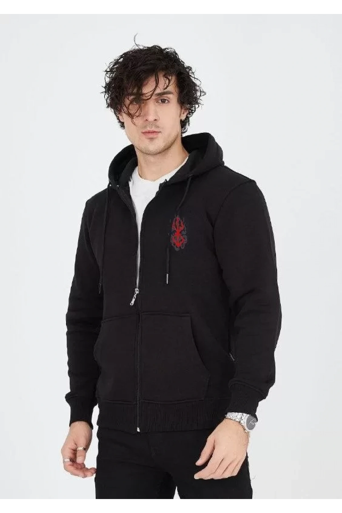 Unisex Baskılı Tam Fermuarlı Kapşonlu SweatShirt - Siyah