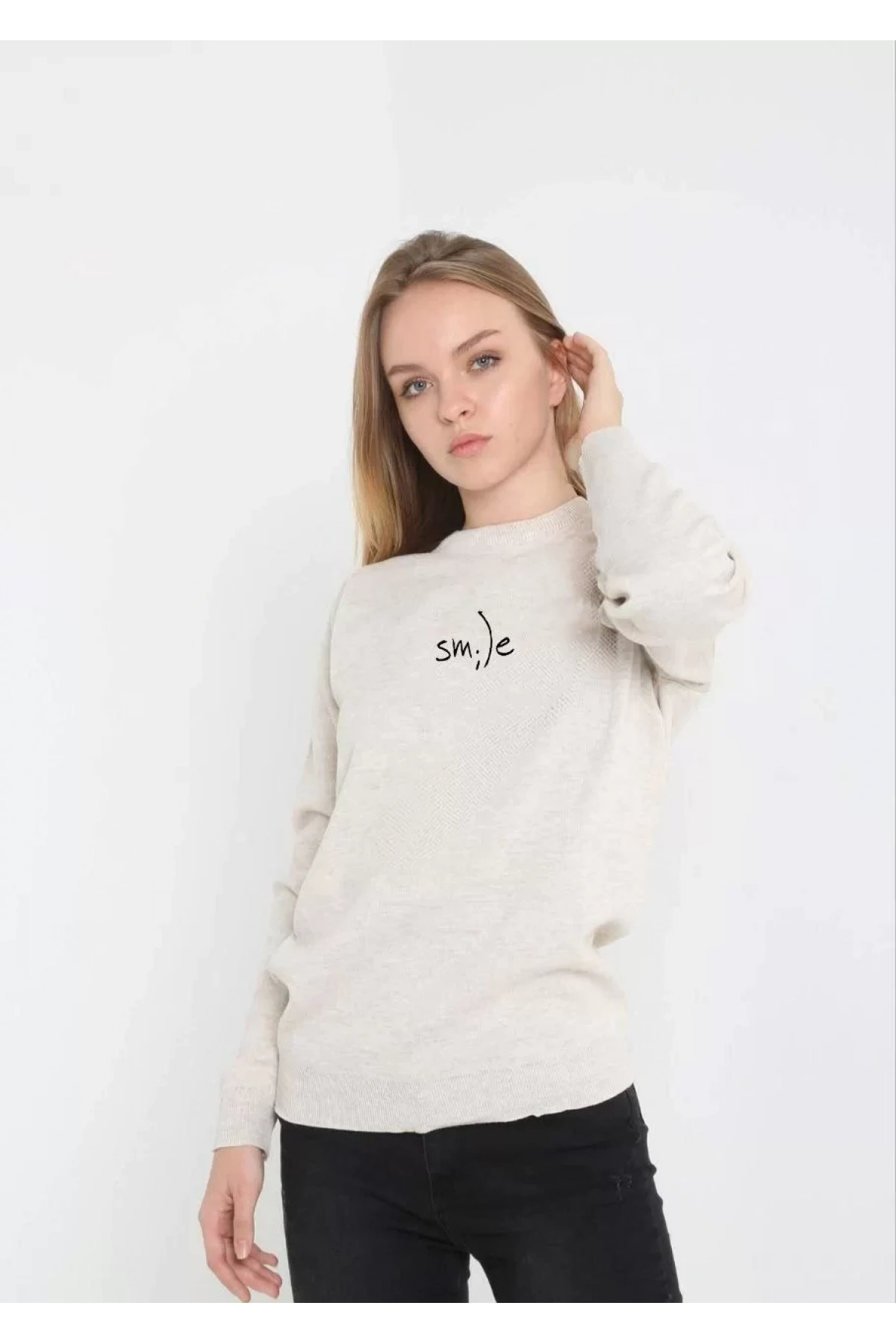 Unisex Bisiklet Yaka Baskılı Dokuma Triko - Bej