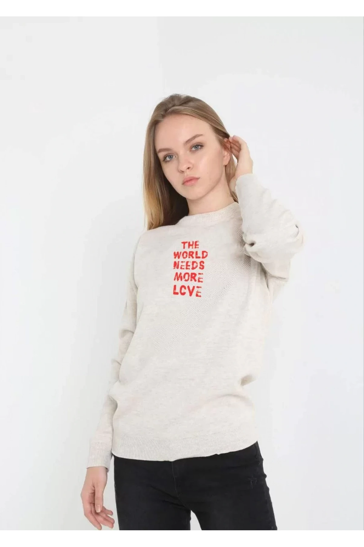 Unisex Bisiklet Yaka Baskılı Dokuma Triko - Bej