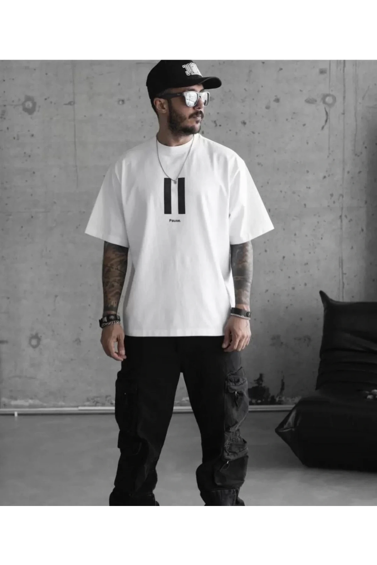 Unisex Bisiklet Yaka Baskılı Oversize T-Shirt - Beyaz