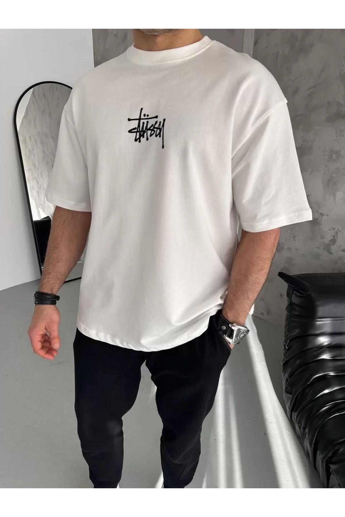 Unisex Bisiklet Yaka Baskılı Oversize T-Shirt - Beyaz