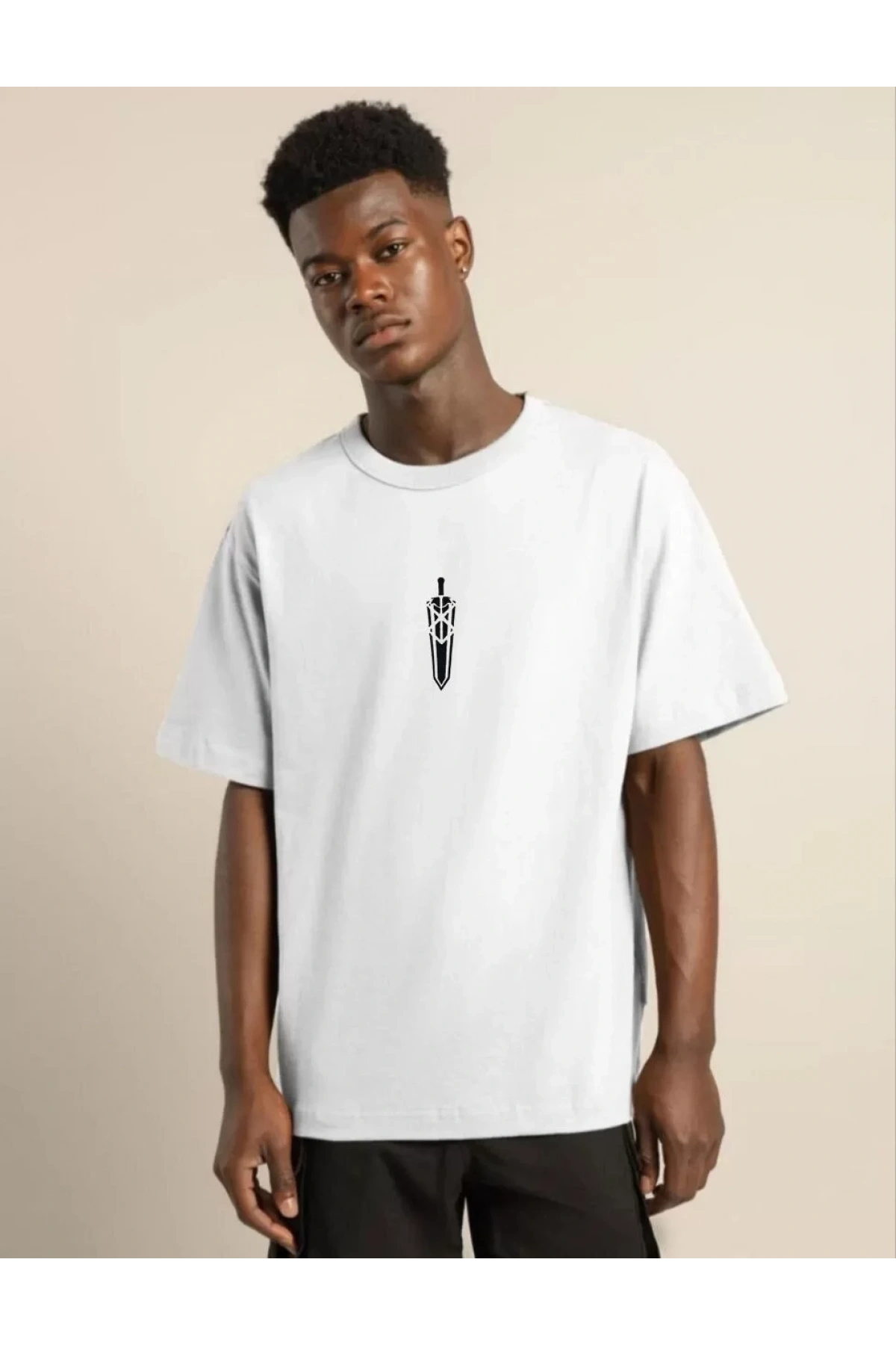 Unisex Bisiklet Yaka Baskılı Oversize T-Shirt - Beyaz