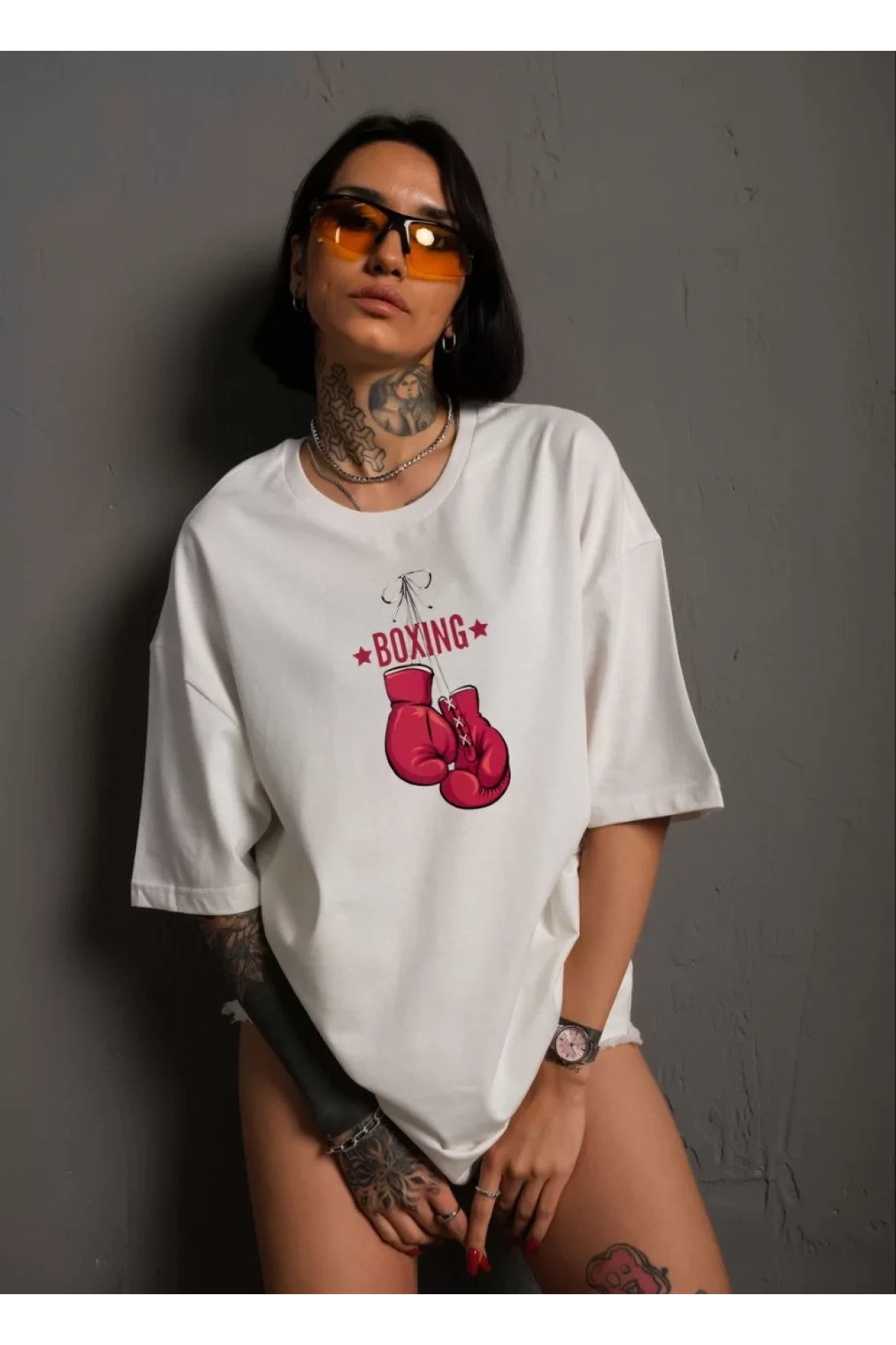 Unisex Bisiklet Yaka Baskılı Oversize T-Shirt - Beyaz