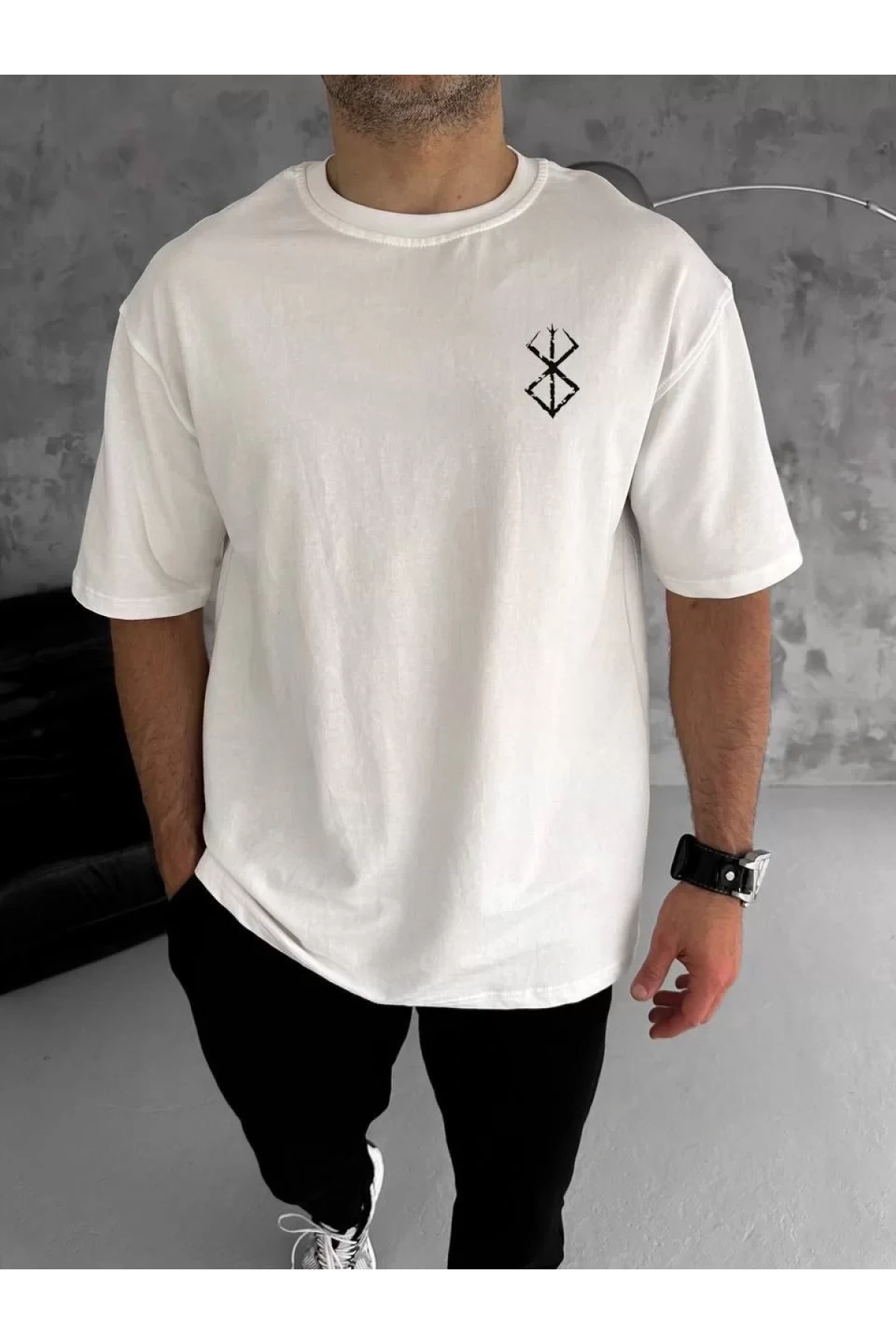 Unisex Bisiklet Yaka Baskılı Oversize T-Shirt - Beyaz