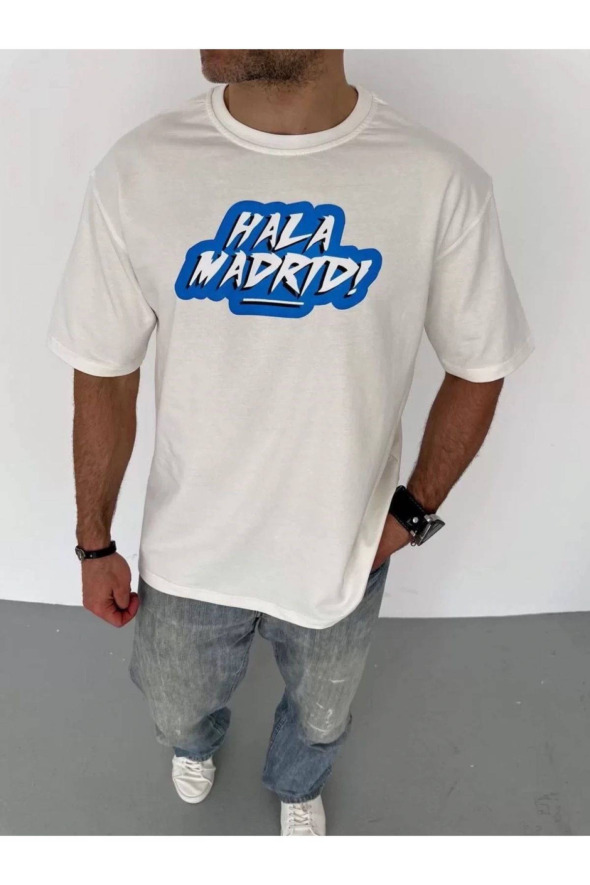 Unisex Bisiklet Yaka Baskılı Oversize T-Shirt - Beyaz