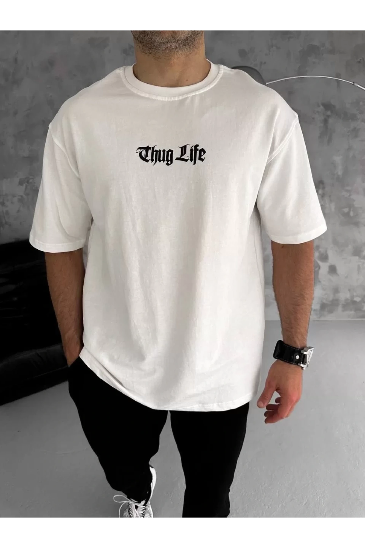 Unisex Bisiklet Yaka Baskılı Oversize T-Shirt - Beyaz