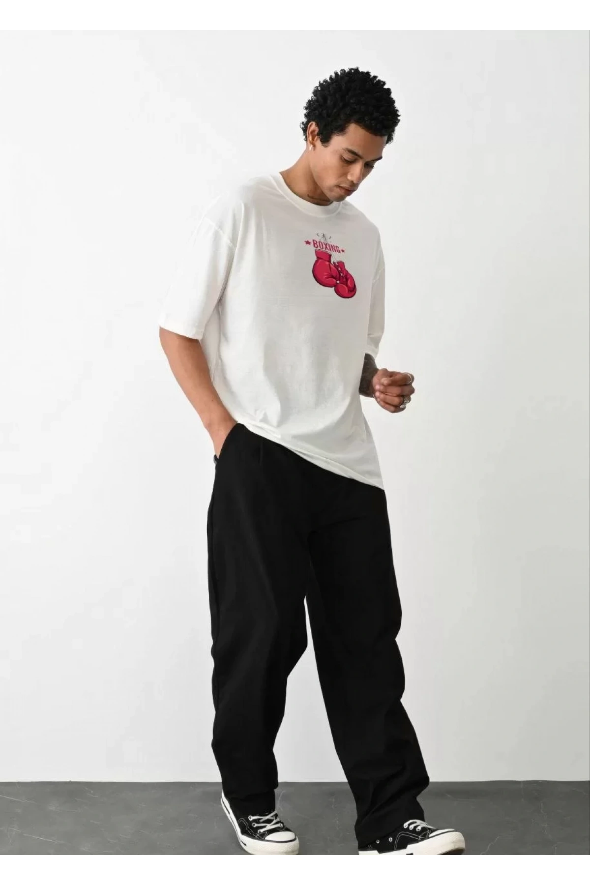 Unisex Bisiklet Yaka Baskılı Oversize T-Shirt - Beyaz