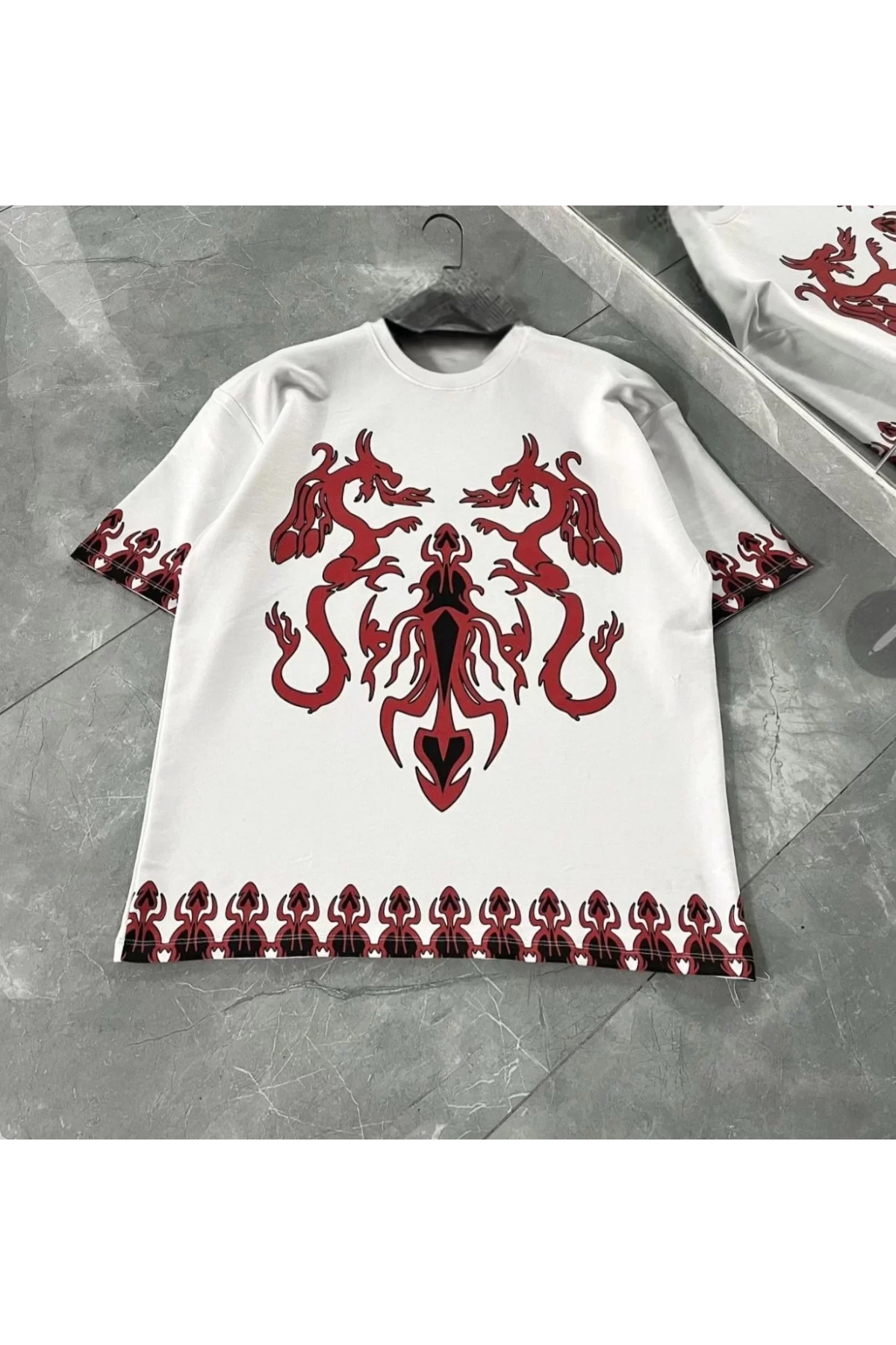 Unisex Bisiklet Yaka Baskılı Oversize T-Shirt - Beyaz