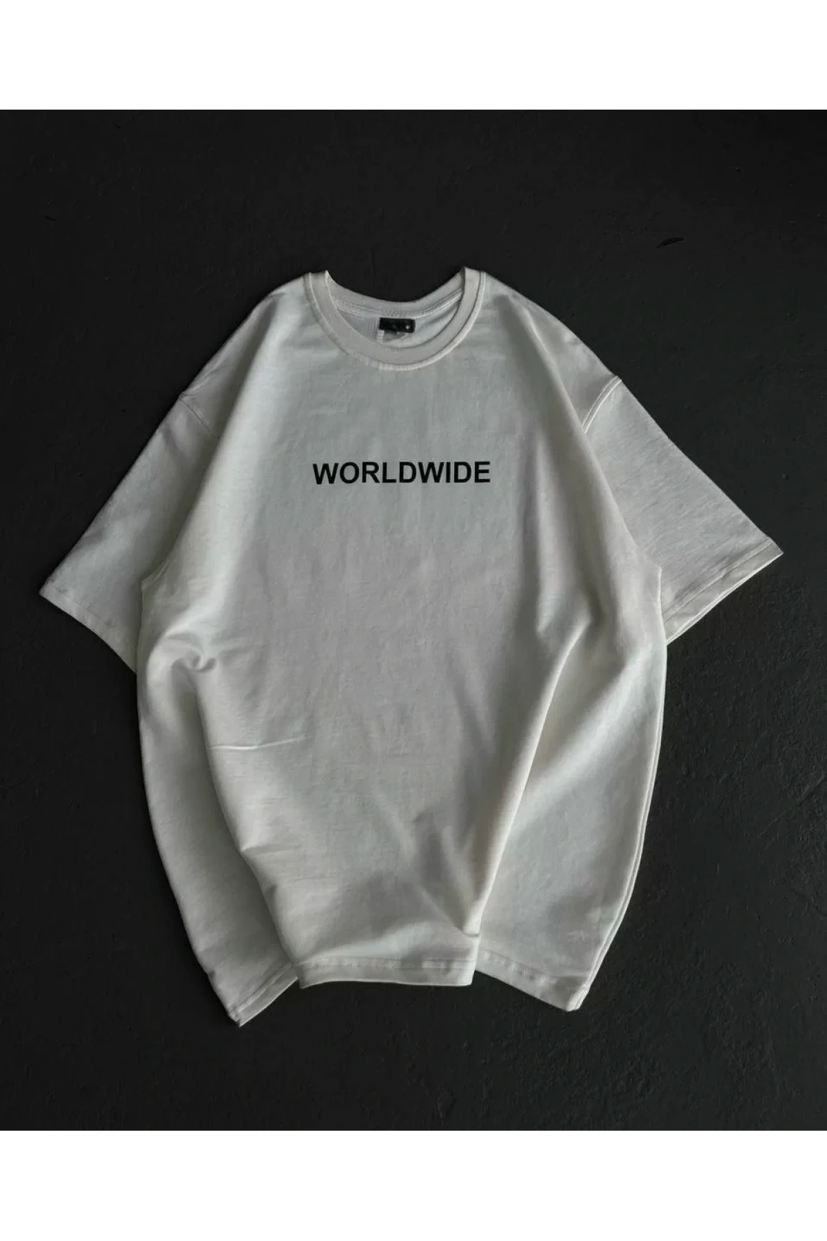 Unisex Bisiklet Yaka Baskılı Oversize T-Shirt - Beyaz