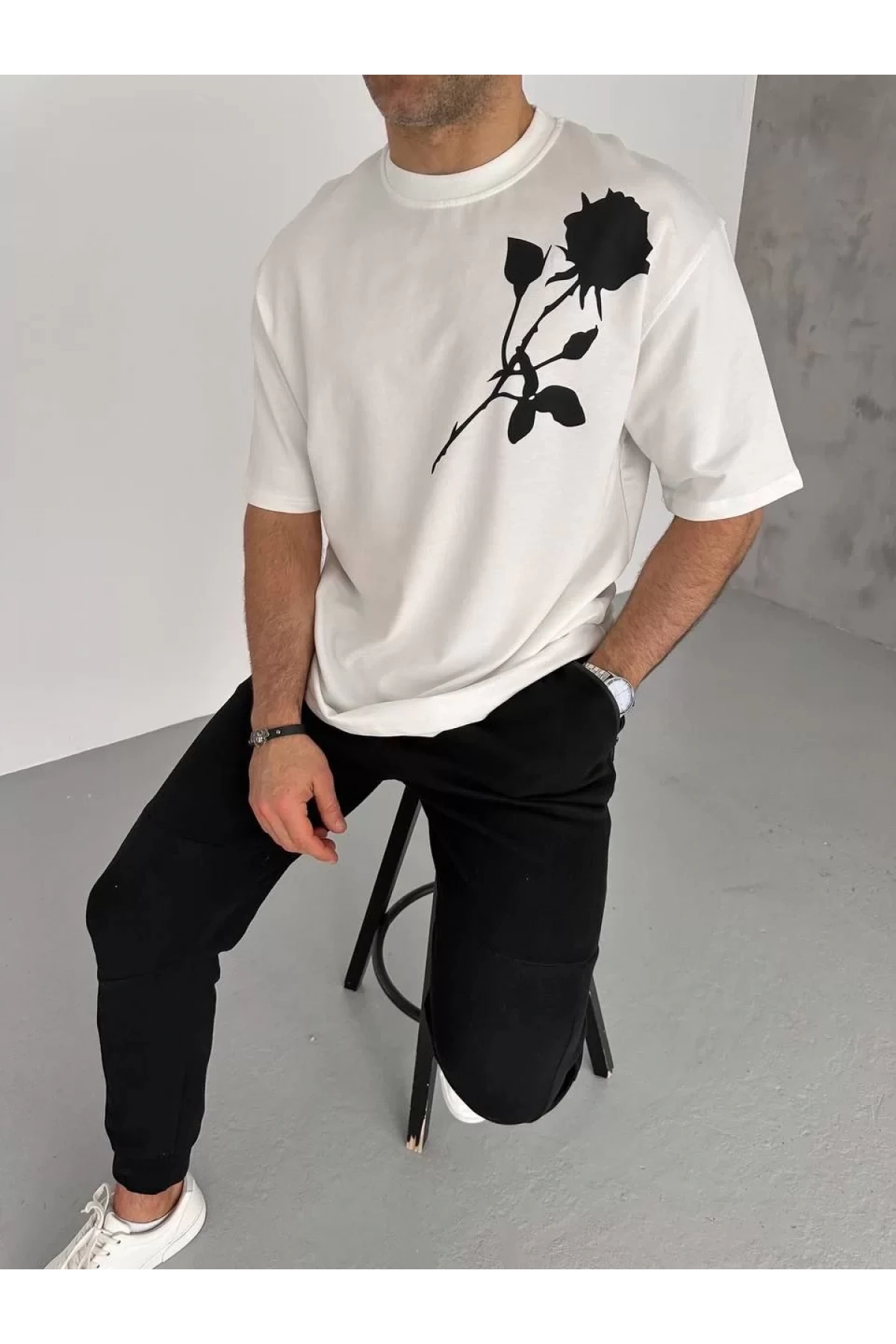 Unisex Bisiklet Yaka Baskılı Oversize T-Shirt - Beyaz