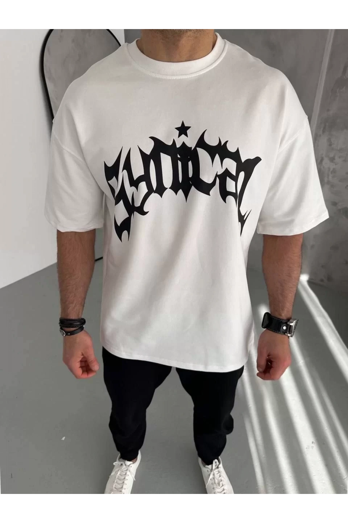 Unisex Bisiklet Yaka Baskılı Oversize T-Shirt - Beyaz