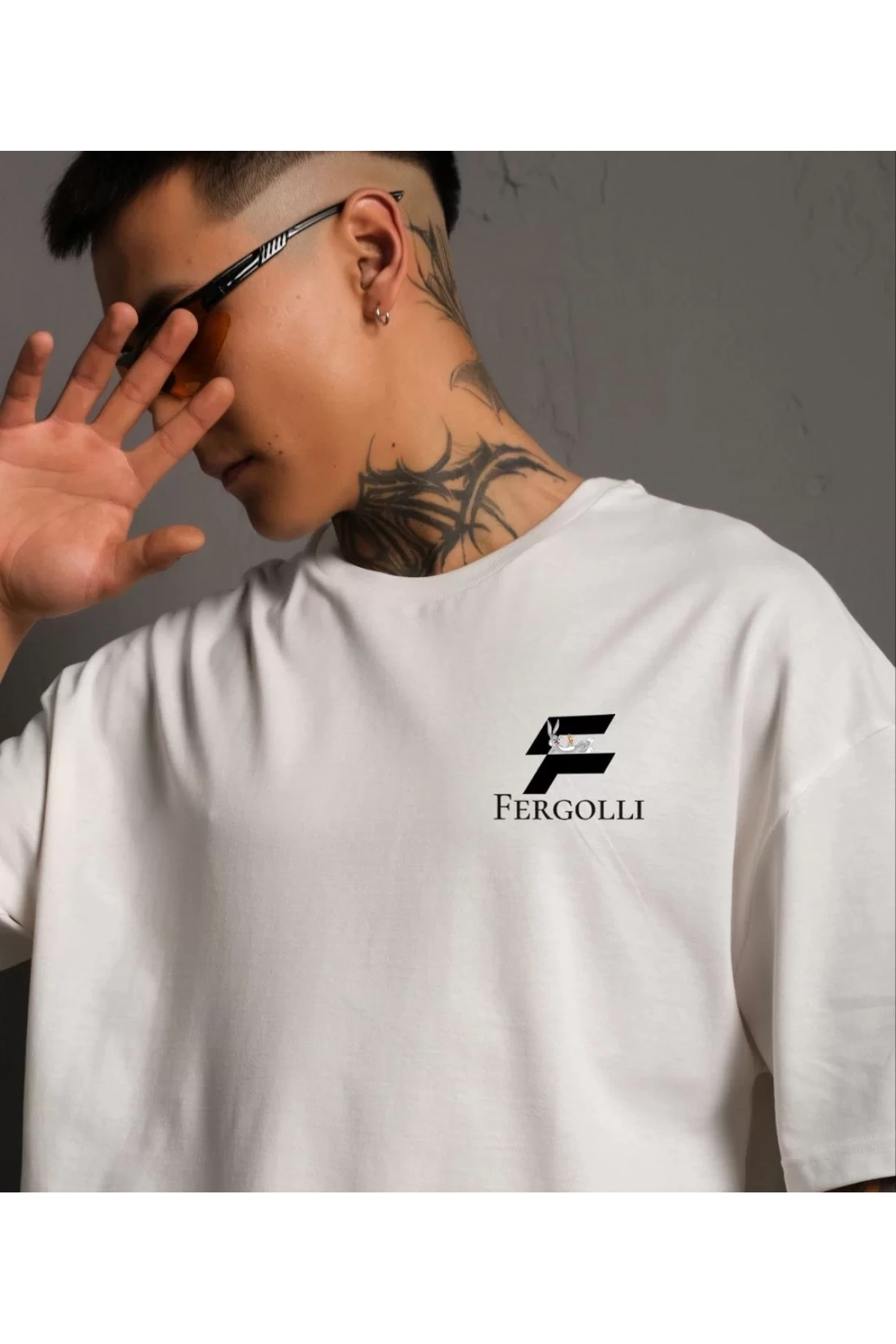 Unisex Bisiklet Yaka Baskılı Oversize T-Shirt - Beyaz