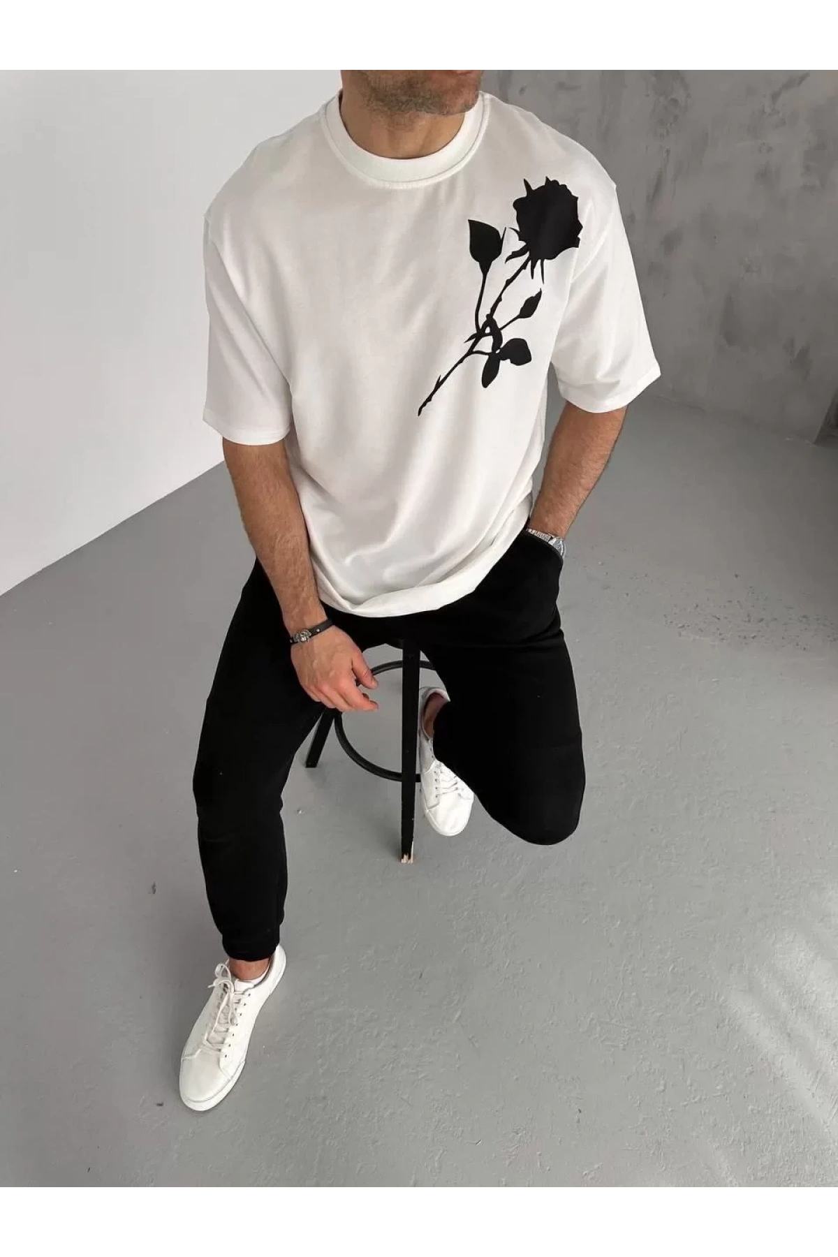 Unisex Bisiklet Yaka Baskılı Oversize T-Shirt - Beyaz