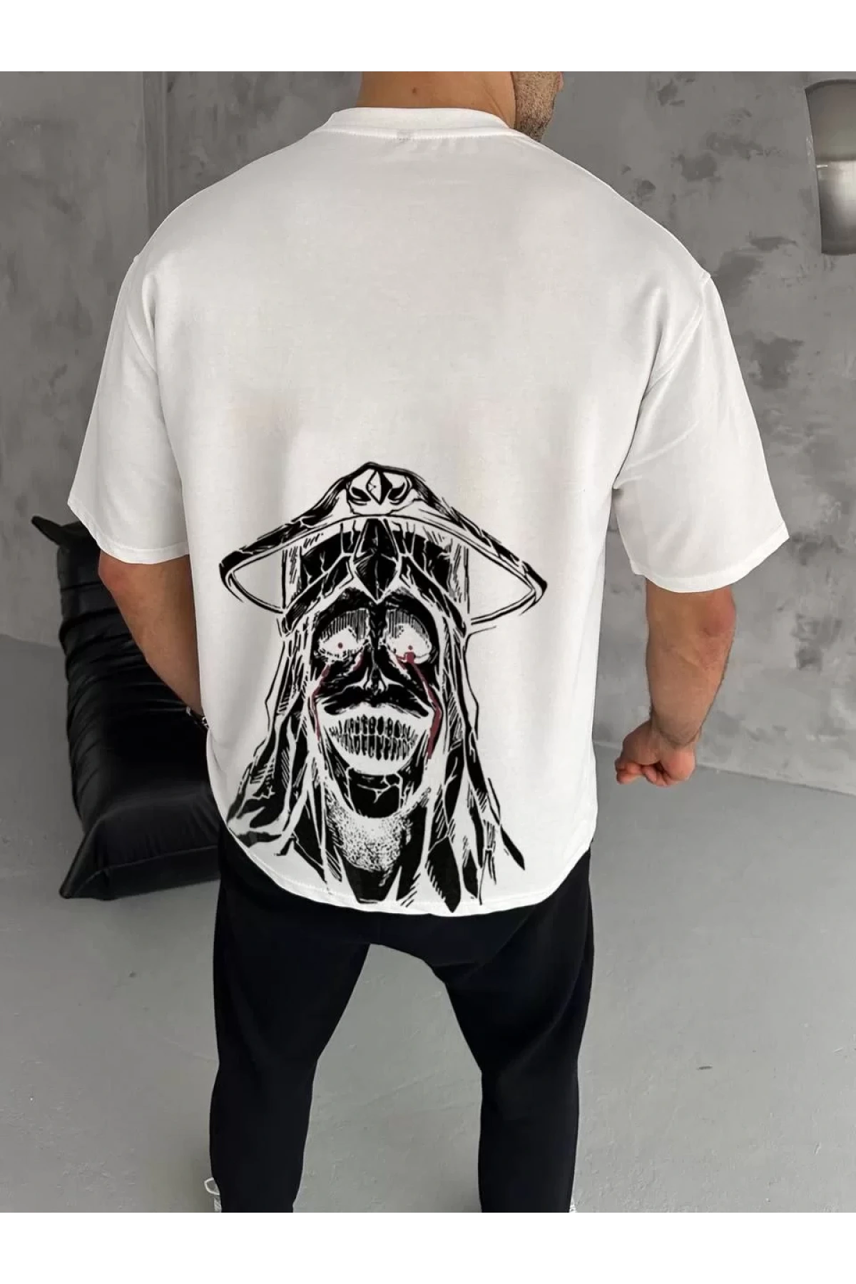 Unisex Bisiklet Yaka Baskılı Oversize T-Shirt - Beyaz