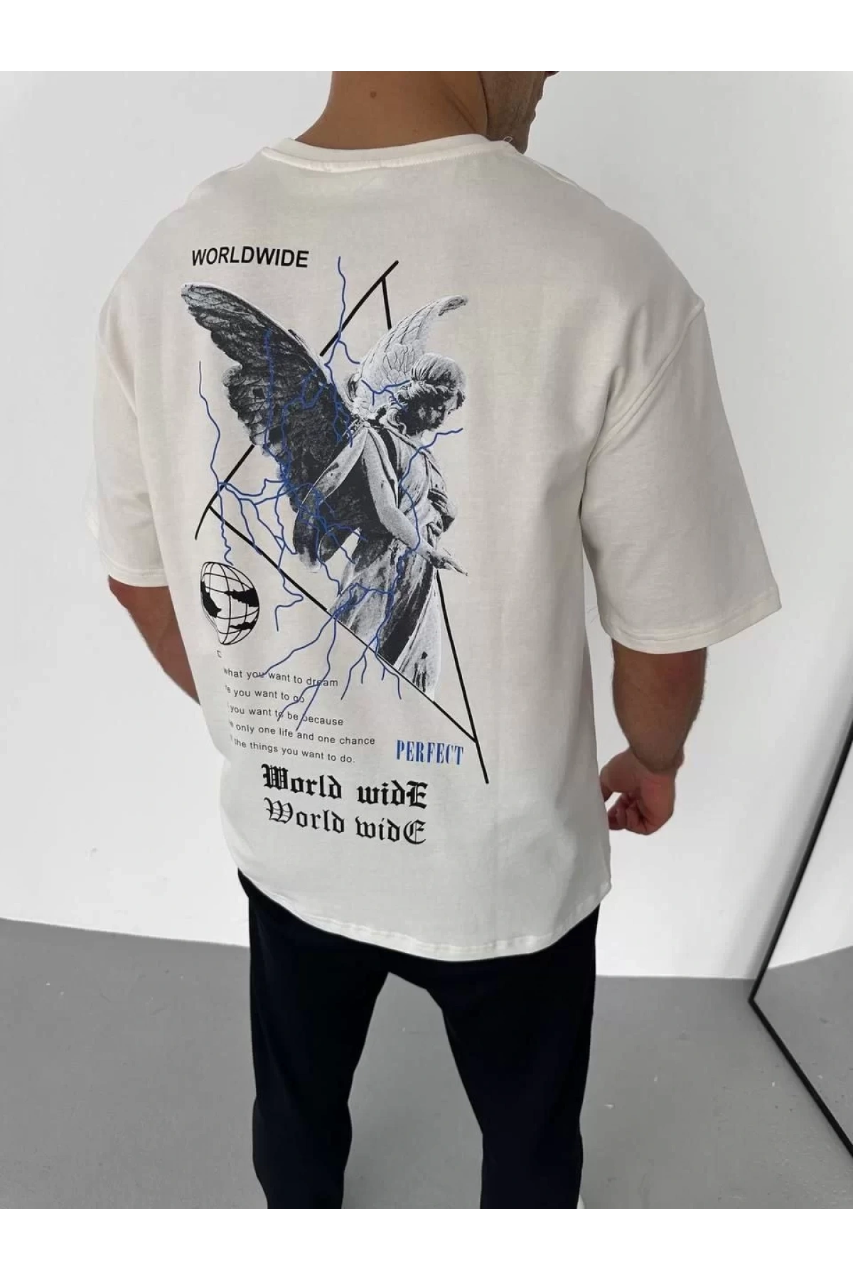 Unisex Bisiklet Yaka Baskılı Oversize T-Shirt - Beyaz