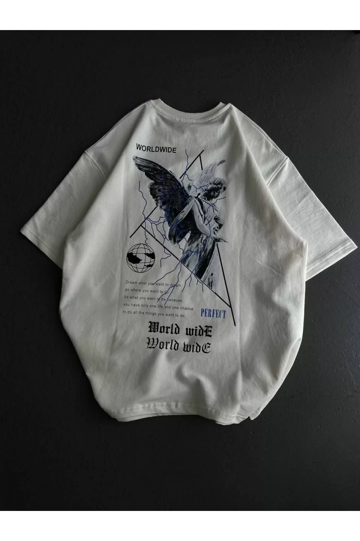 Unisex Bisiklet Yaka Baskılı Oversize T-Shirt - Beyaz