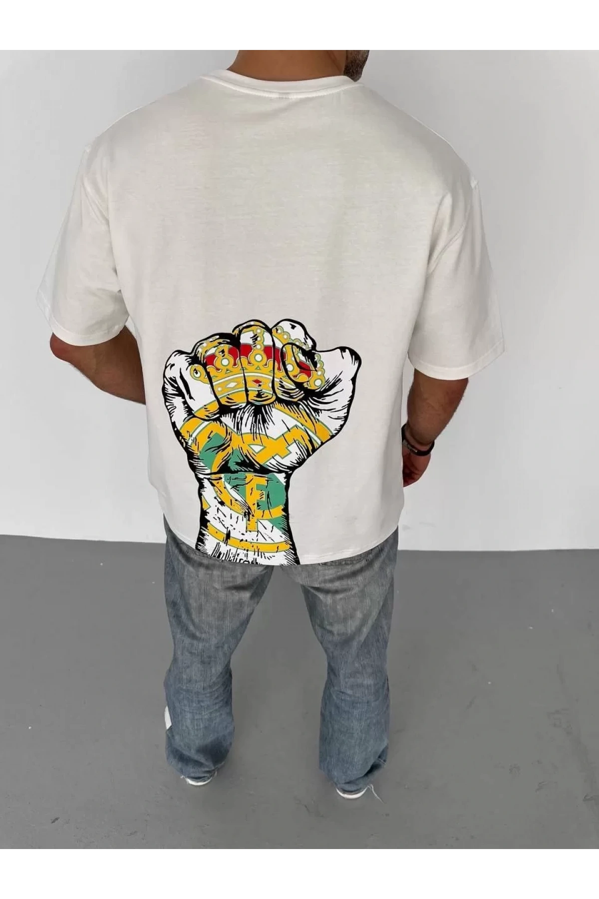 Unisex Bisiklet Yaka Baskılı Oversize T-Shirt - Beyaz