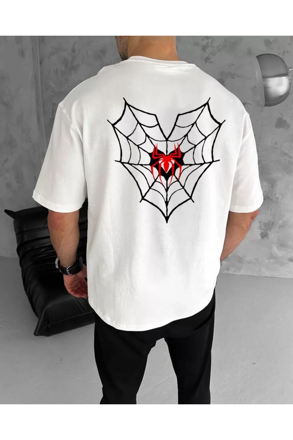 Unisex Bisiklet Yaka Baskılı Oversize T-Shirt - Beyaz