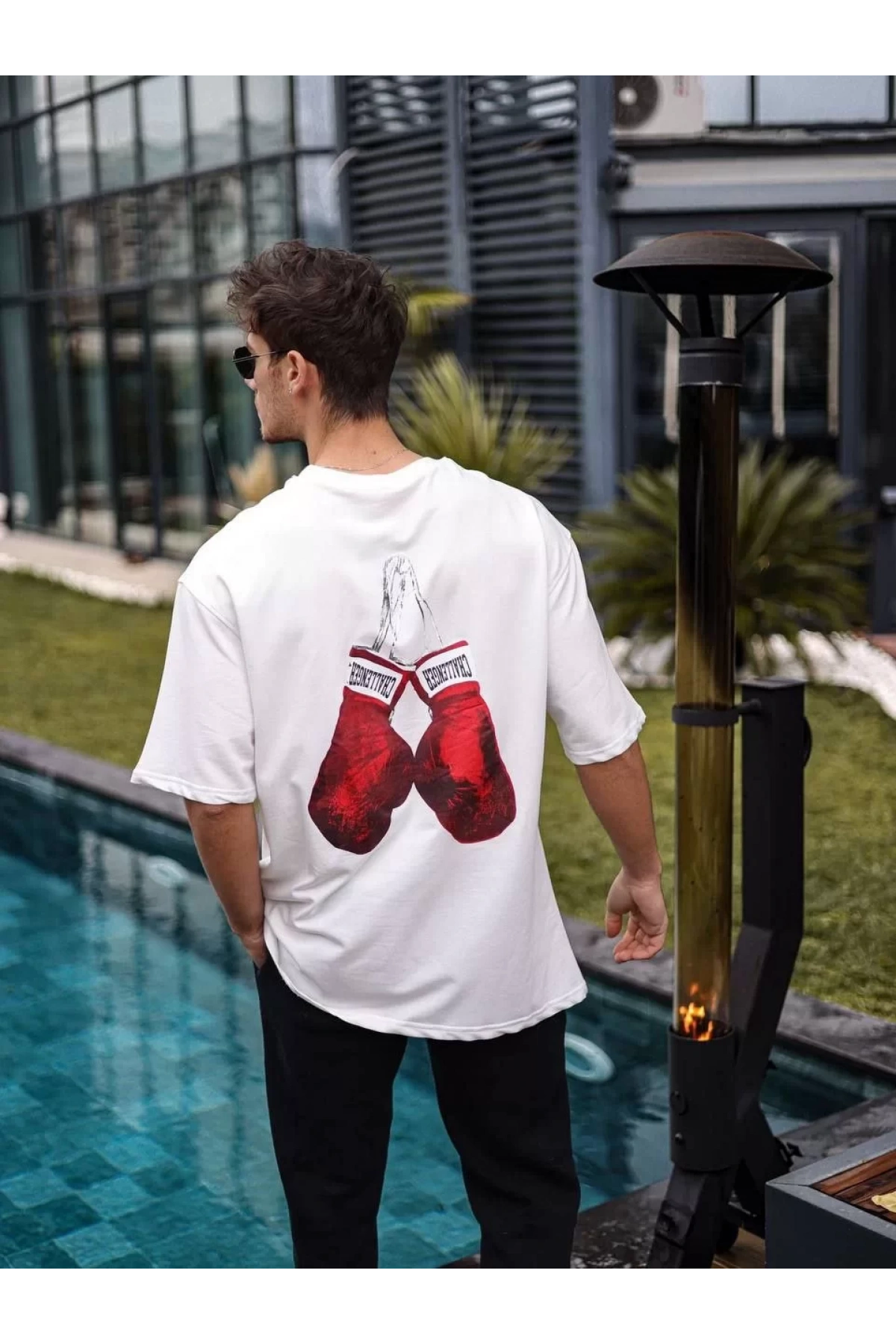 Unisex Bisiklet Yaka Baskılı Oversize T-Shirt - Beyaz