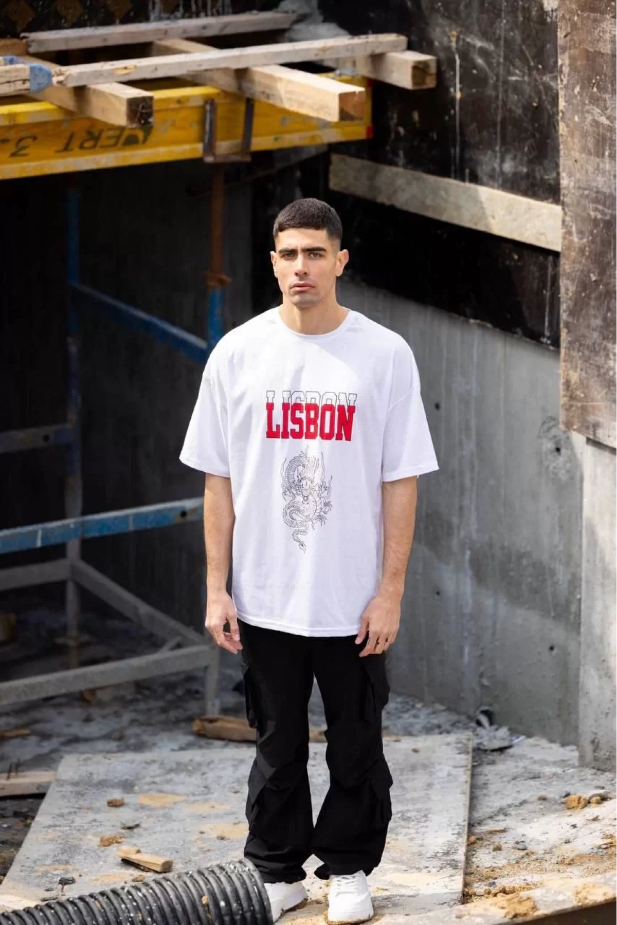 Unisex Bisiklet Yaka Baskılı Oversize T-Shirt - Beyaz