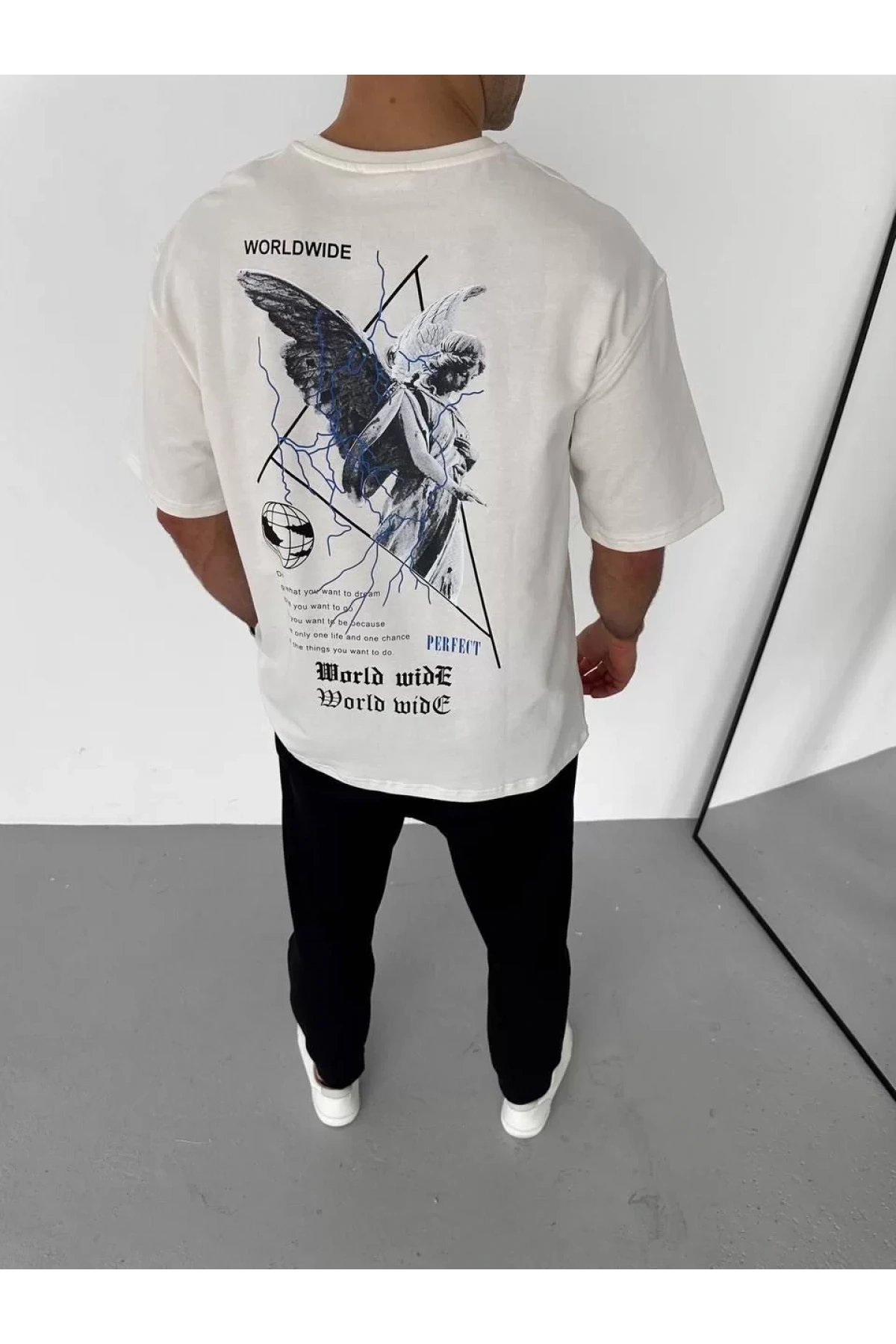 Unisex Bisiklet Yaka Baskılı Oversize T-Shirt - Beyaz