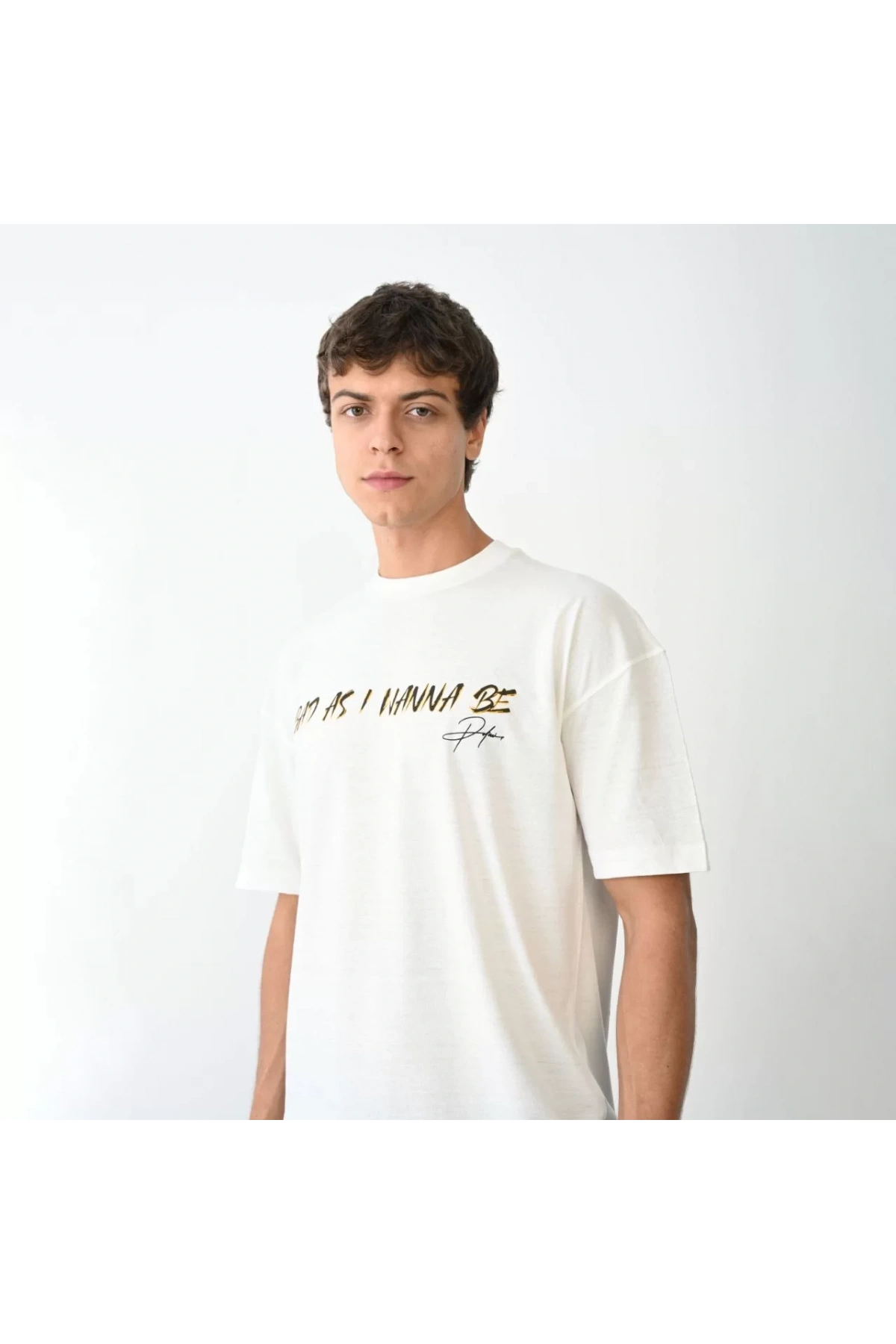 Unisex Bisiklet Yaka Baskılı Oversize T-Shirt - Beyaz