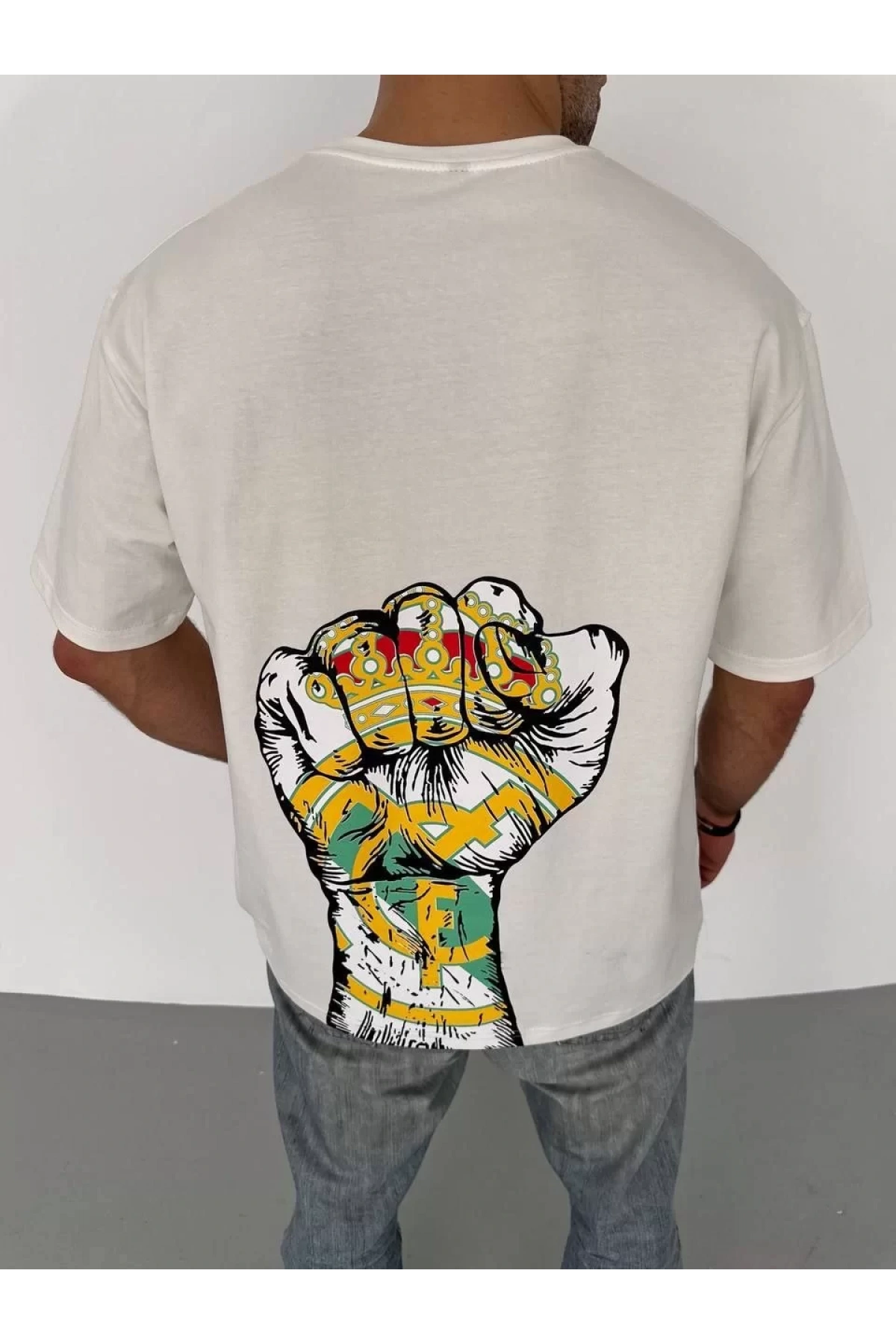 Unisex Bisiklet Yaka Baskılı Oversize T-Shirt - Beyaz