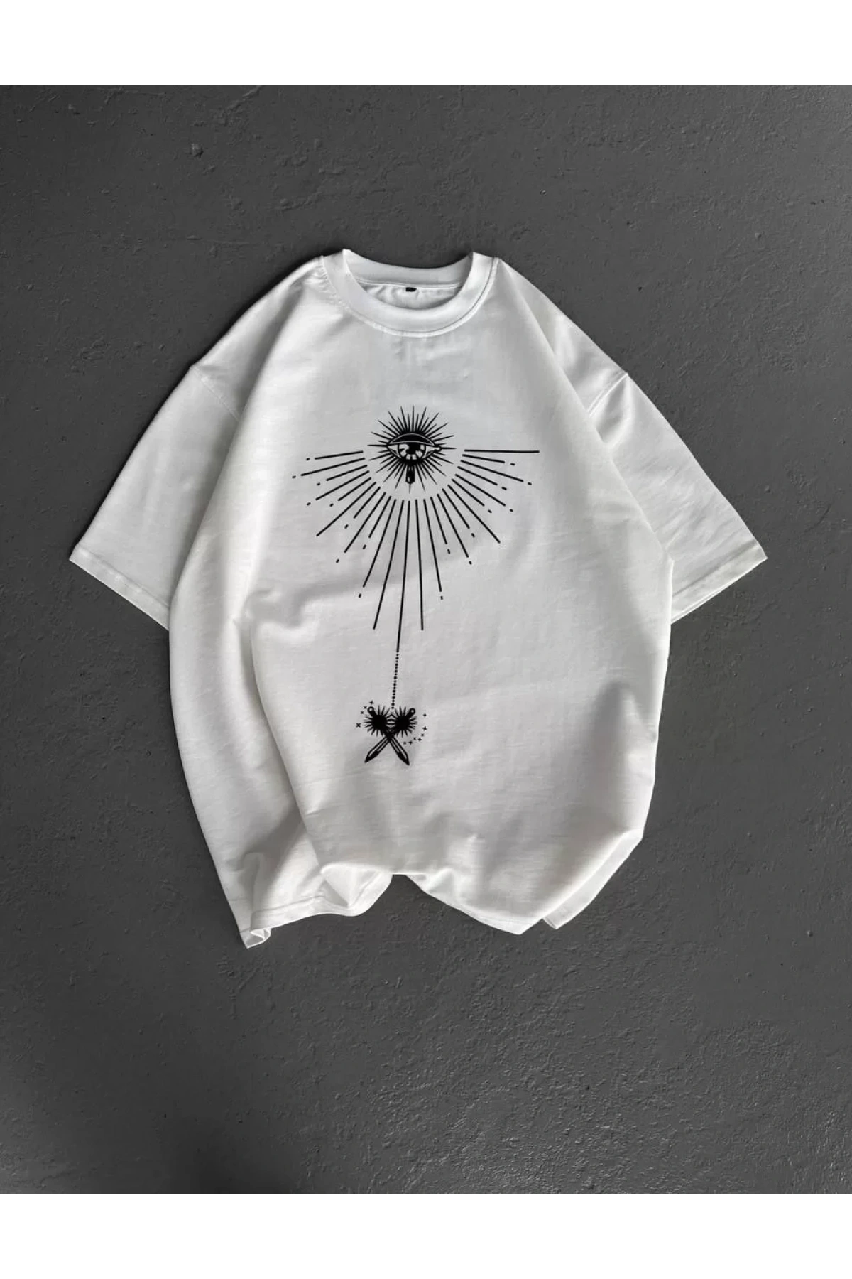 Unisex Bisiklet Yaka Baskılı Oversize T-Shirt - Beyaz