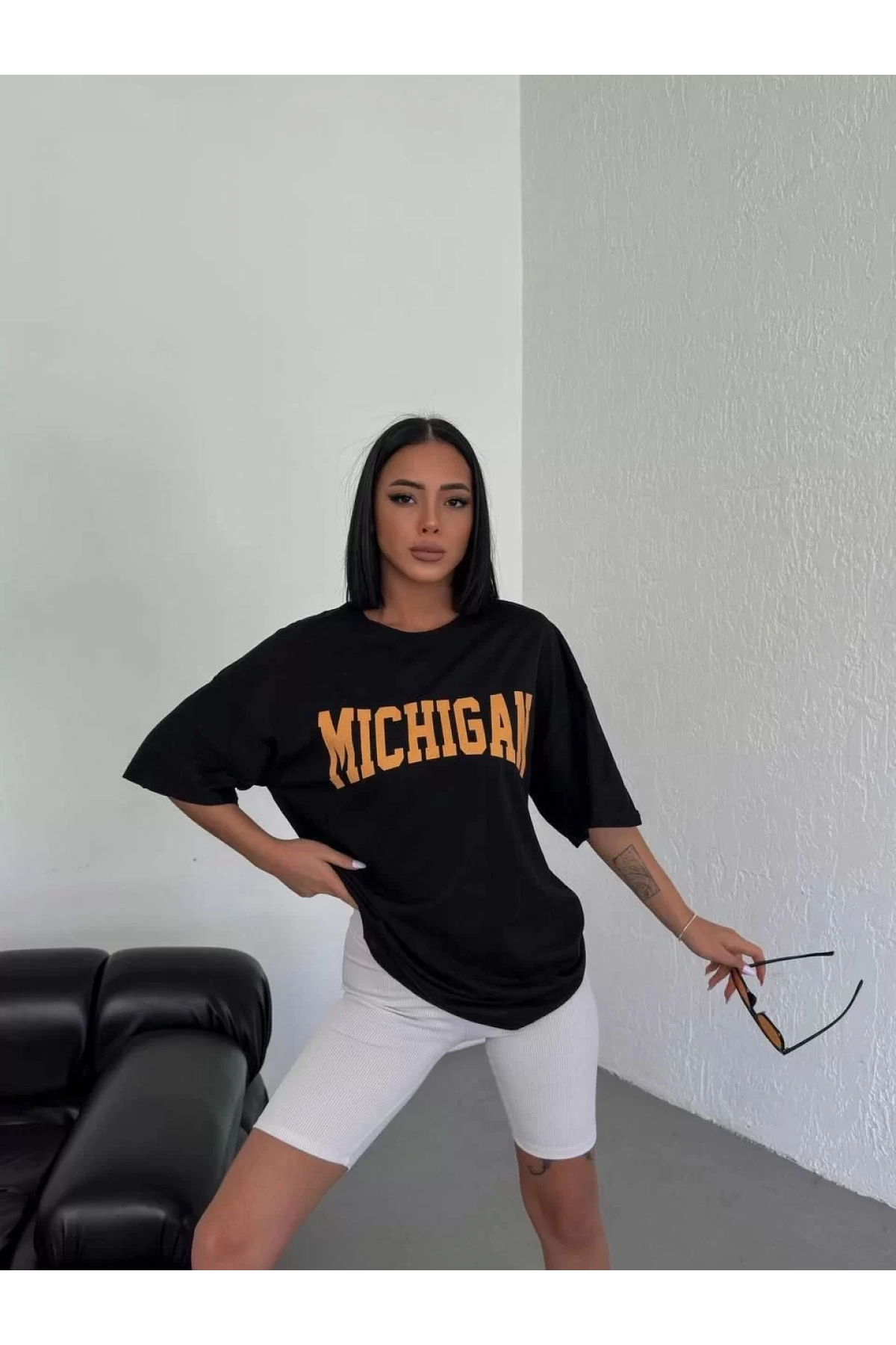 Unisex Bisiklet Yaka Baskılı Oversize T-Shirt - Siyah