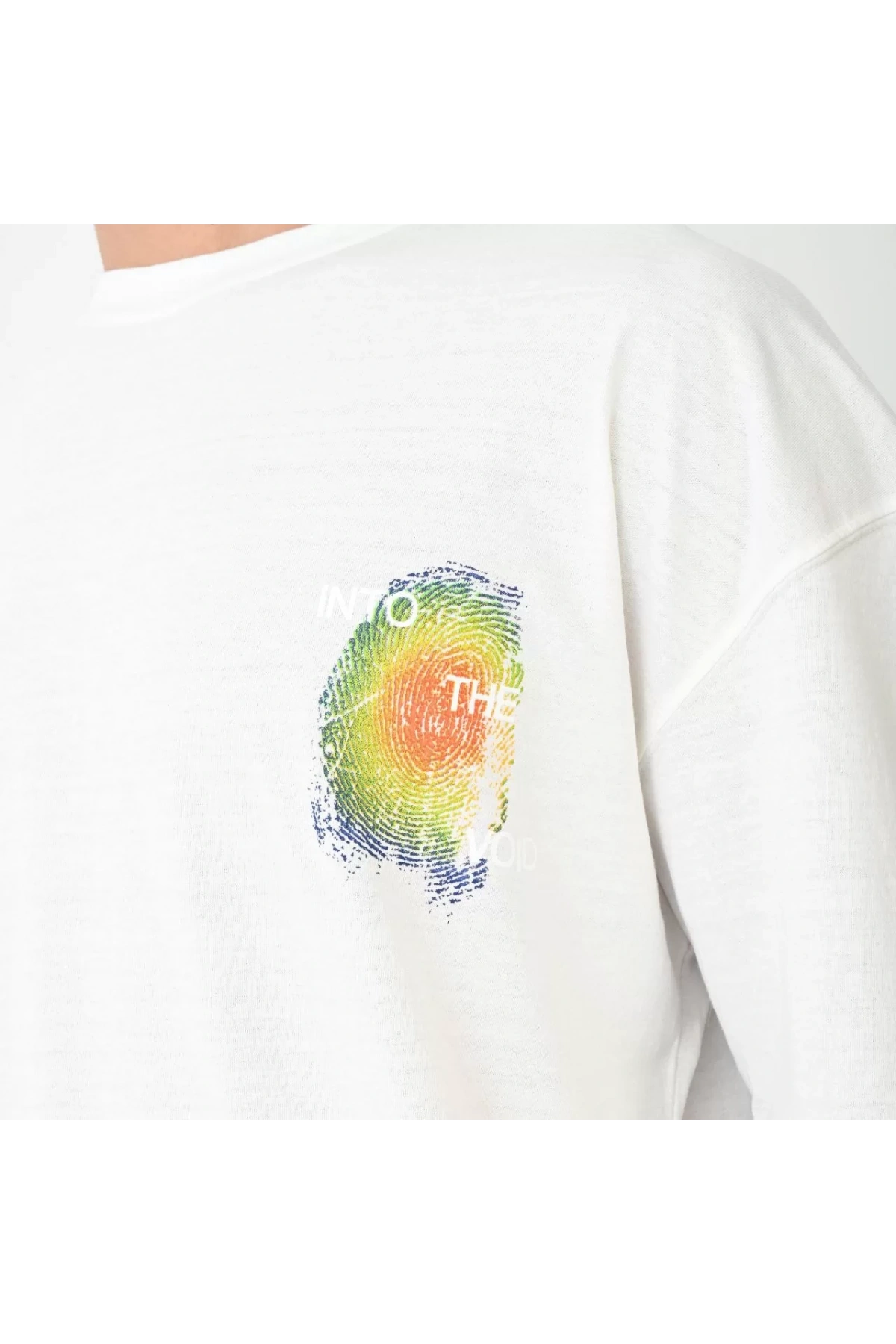 Unisex Bisiklet Yaka Baskılı Oversize T-Shirt - Beyaz