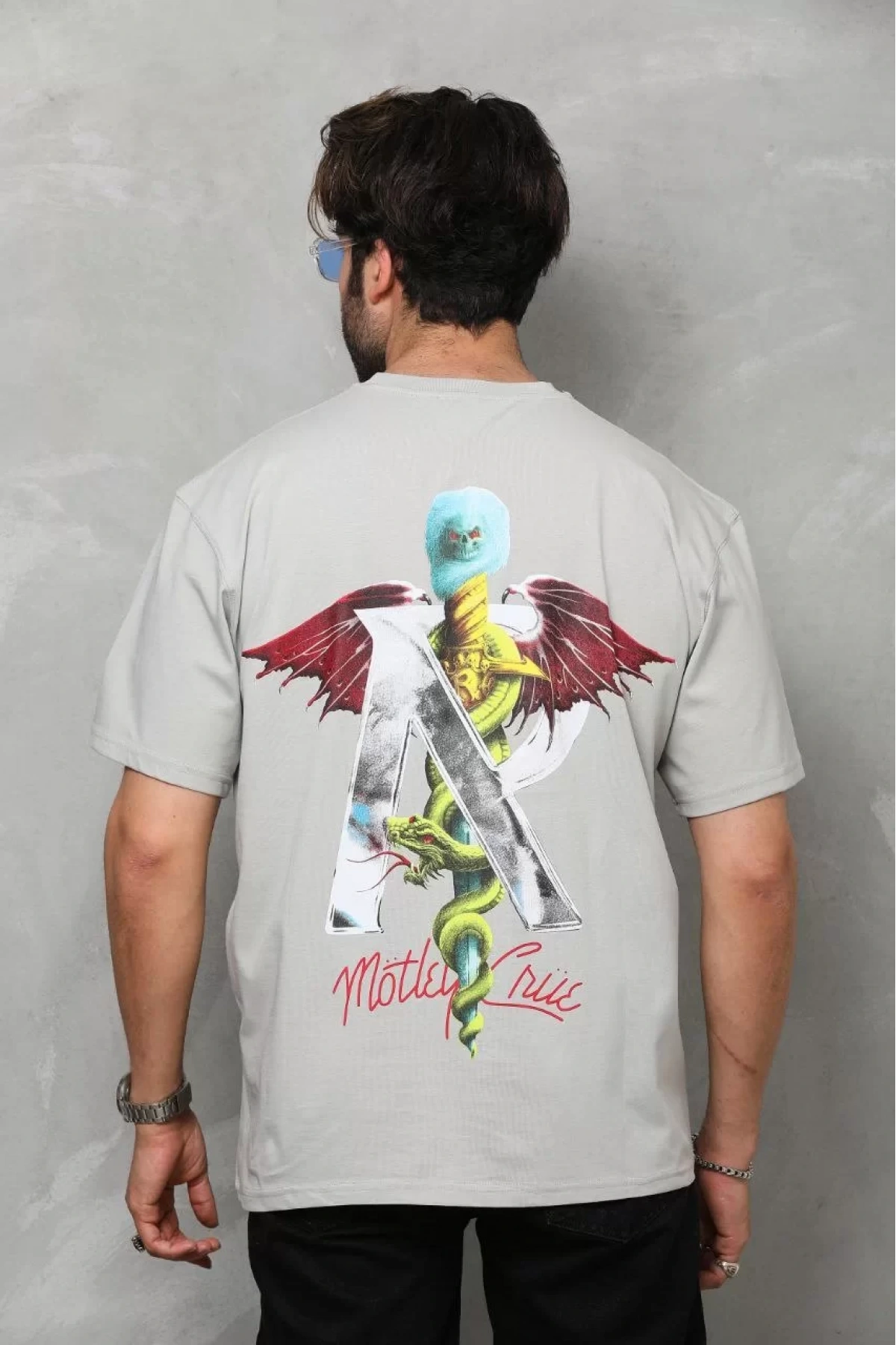 Unisex Bisiklet Yaka Baskılı Oversize T-Shirt - Gri