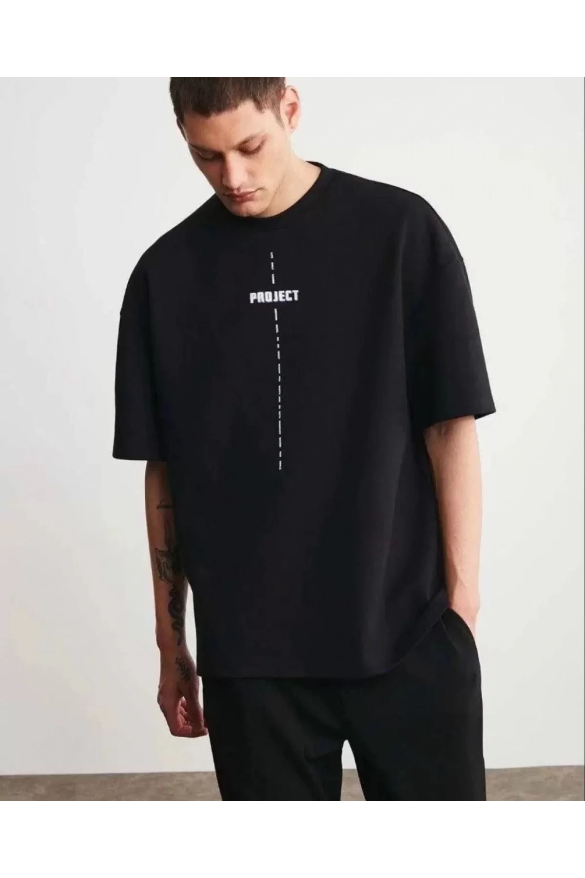 Unisex Bisiklet Yaka Baskılı Oversize T-Shirt - Siyah