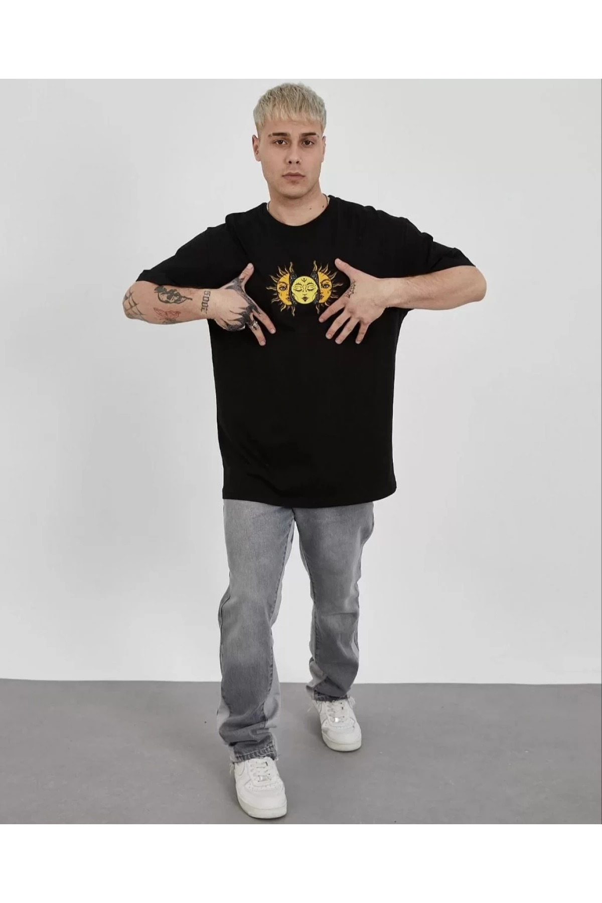 Unisex Bisiklet Yaka Baskılı Oversize T-Shirt - Siyah