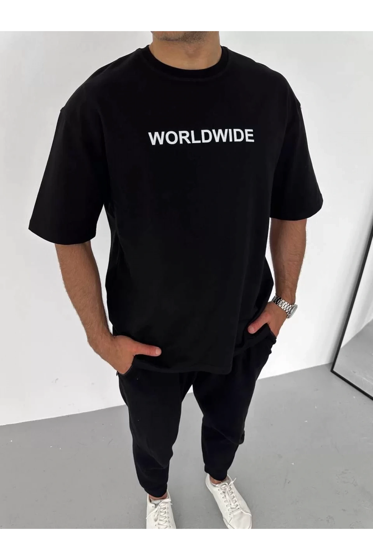 Unisex Bisiklet Yaka Baskılı Oversize T-Shirt - Siyah