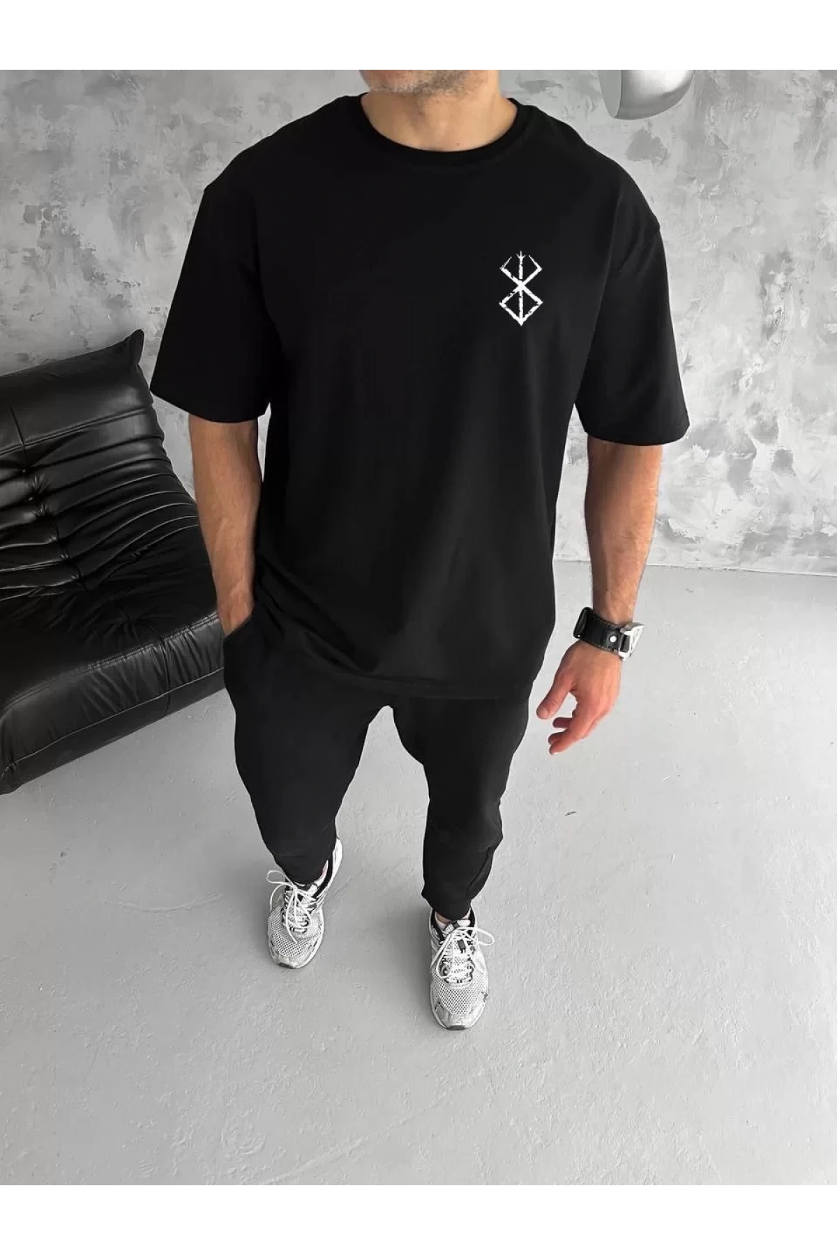 Unisex Bisiklet Yaka Baskılı Oversize T-Shirt - Siyah