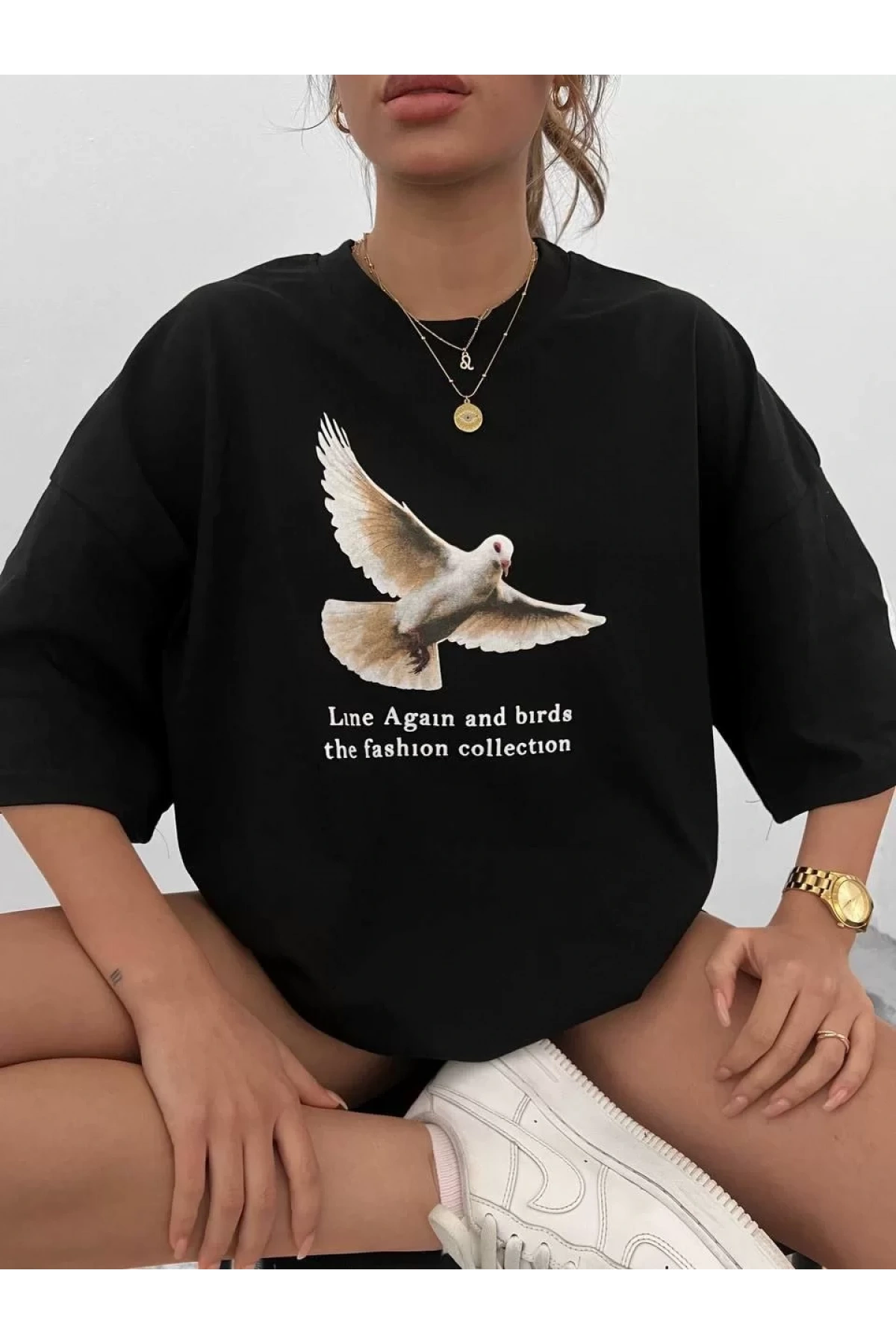 Unisex Bisiklet Yaka Baskılı Oversize T-Shirt - Siyah