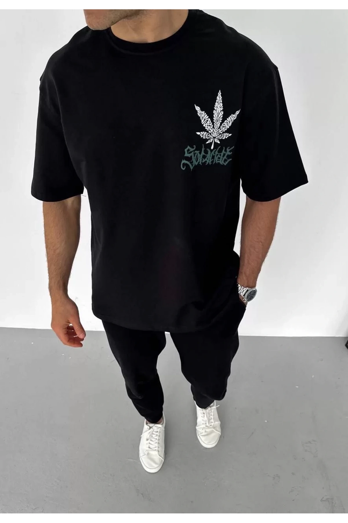 Unisex Bisiklet Yaka Baskılı Oversize T-Shirt - Siyah