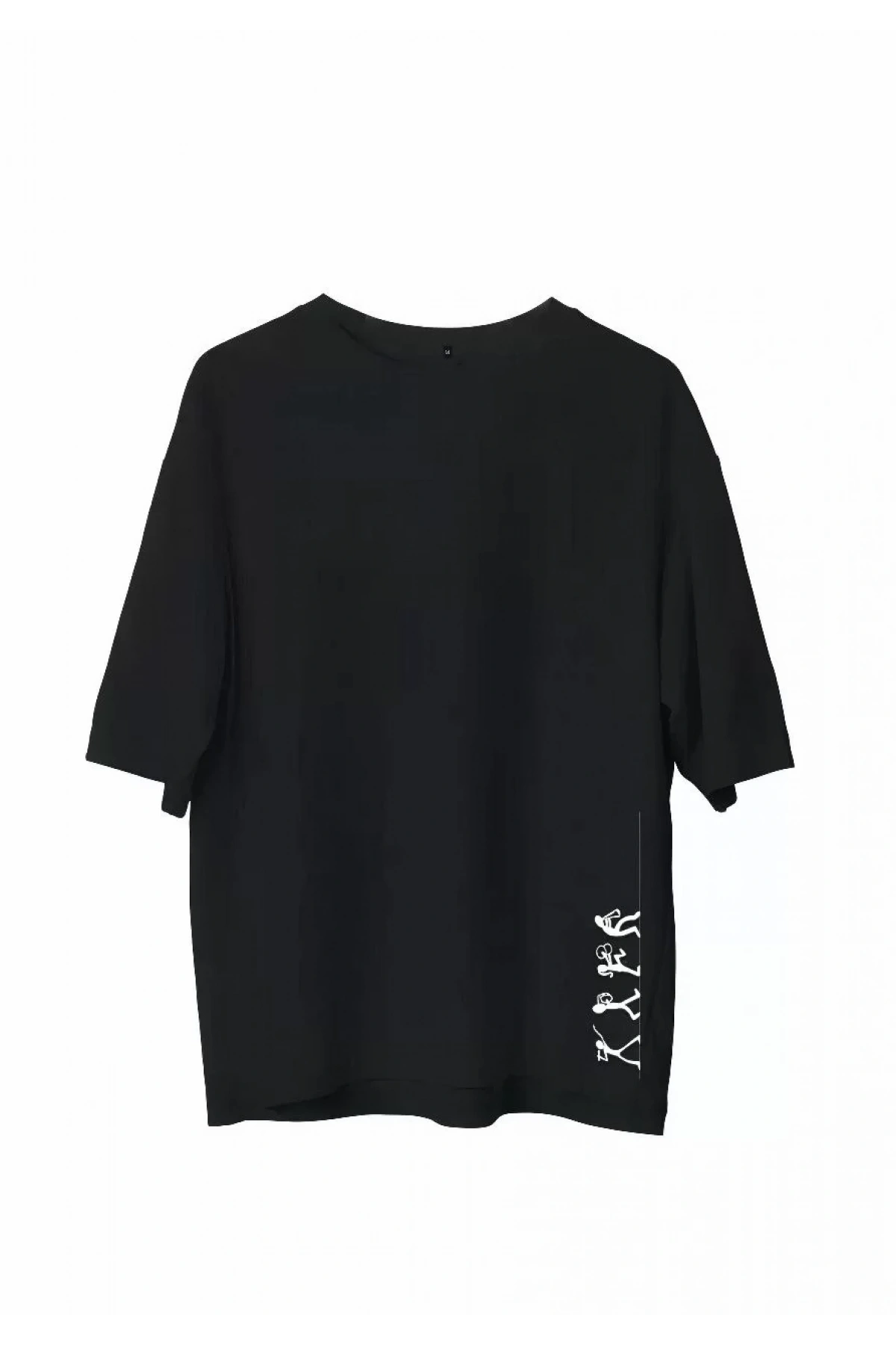Unisex Bisiklet Yaka Baskılı Oversize T-Shirt - Siyah