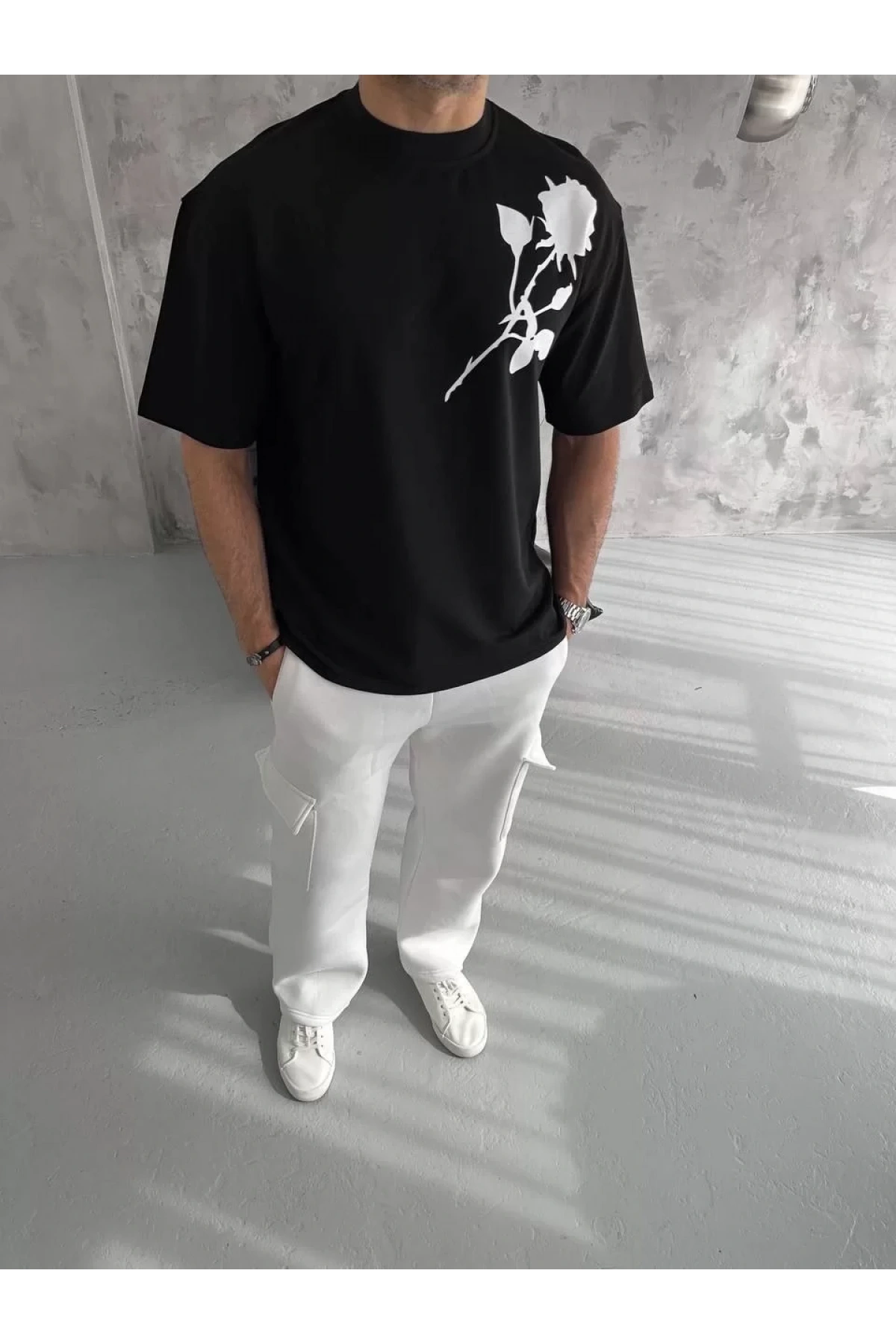 Unisex Bisiklet Yaka Baskılı Oversize T-Shirt - Siyah