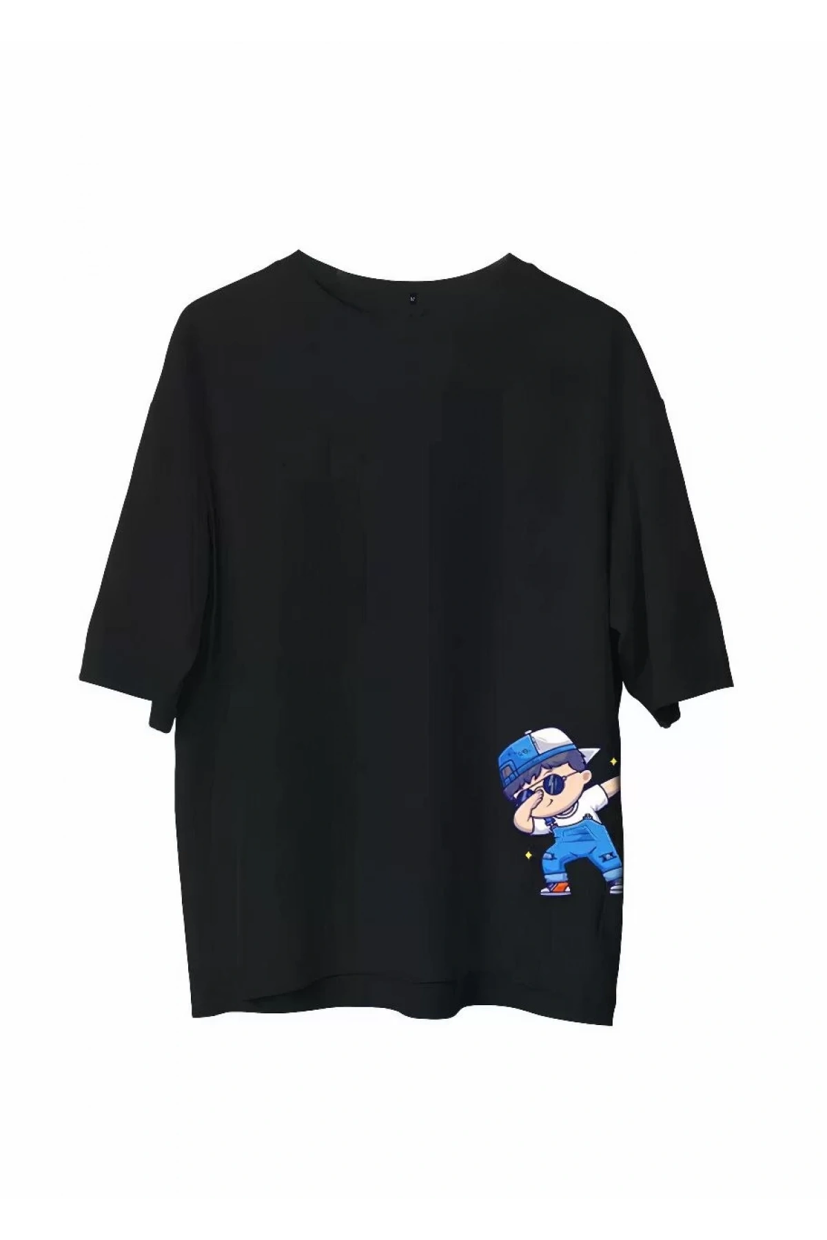 Unisex Bisiklet Yaka Baskılı Oversize T-Shirt - Siyah