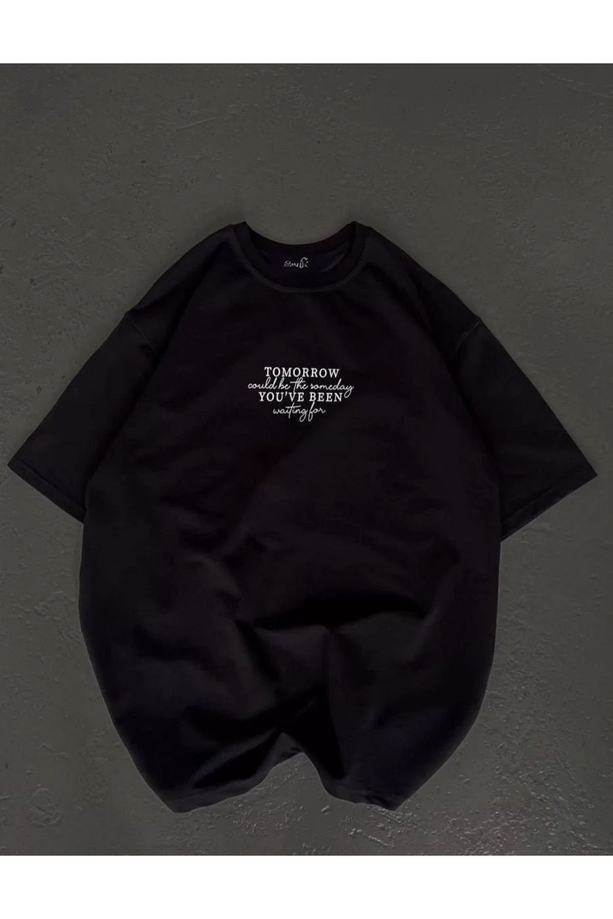 Unisex Bisiklet Yaka Baskılı Oversize T-Shirt - Siyah