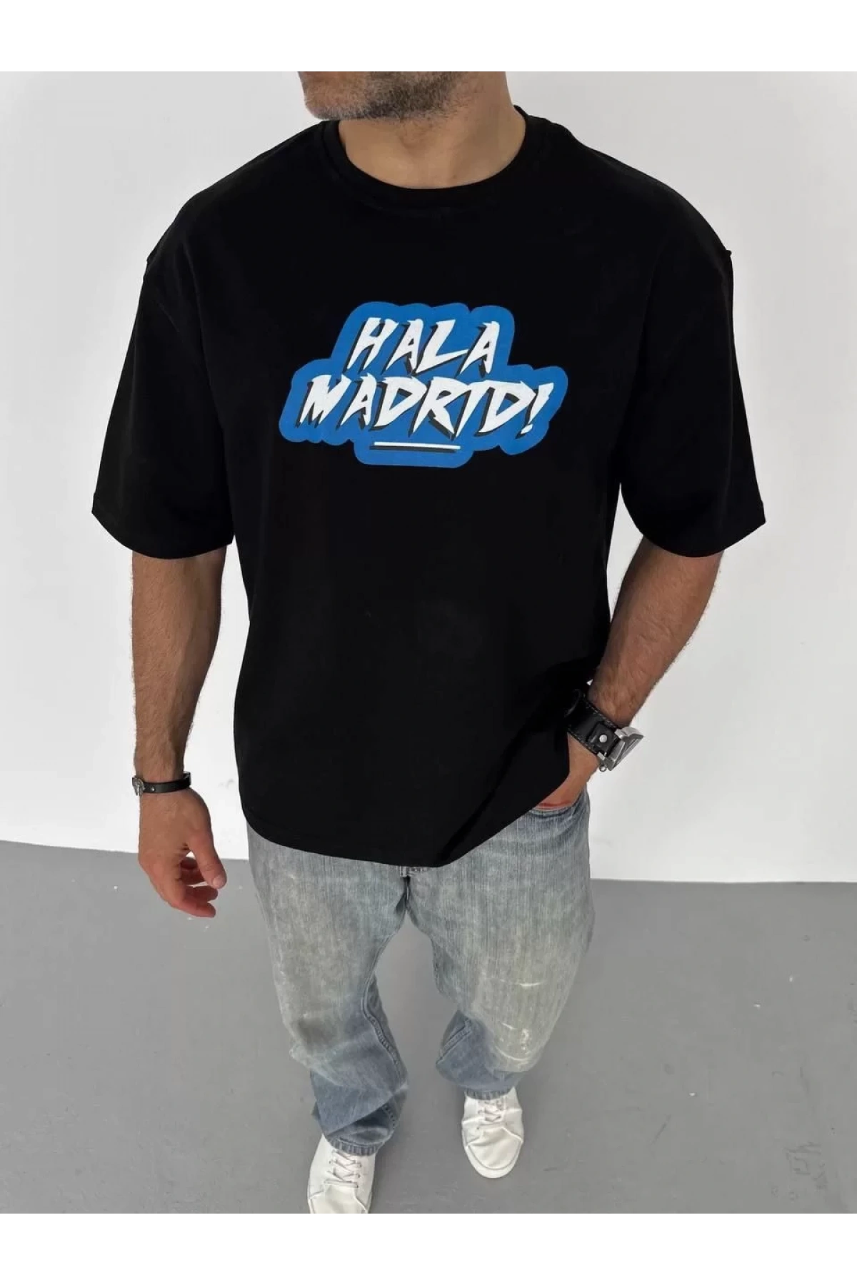 Unisex Bisiklet Yaka Baskılı Oversize T-Shirt - Siyah