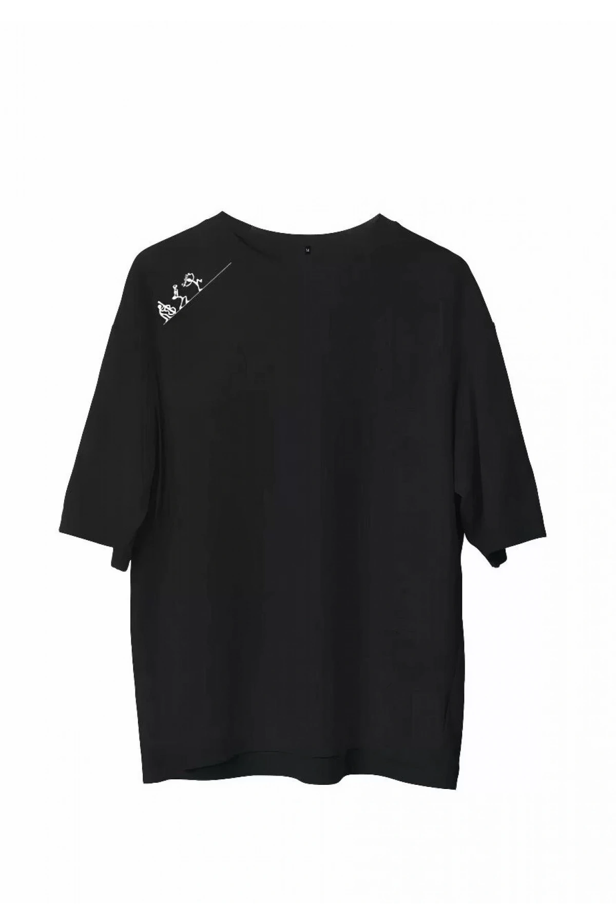 Unisex Bisiklet Yaka Baskılı Oversize T-Shirt - Siyah