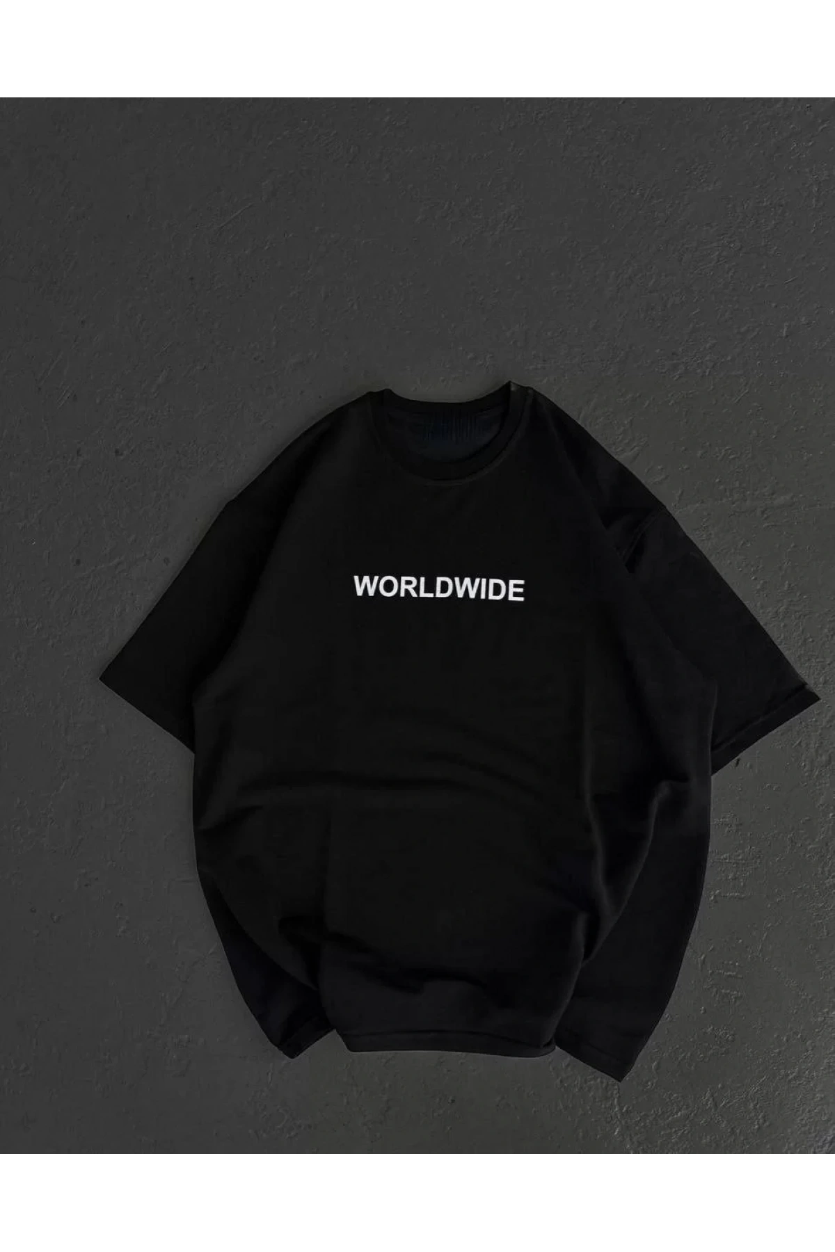 Unisex Bisiklet Yaka Baskılı Oversize T-Shirt - Siyah