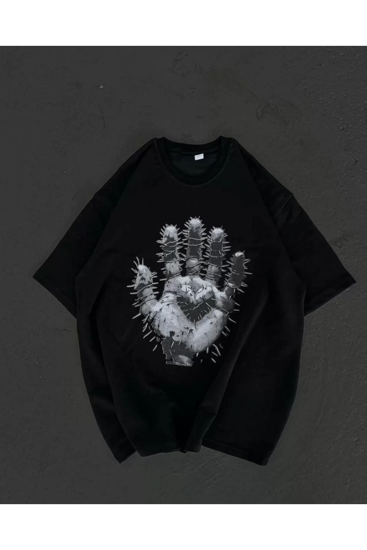 Unisex Bisiklet Yaka Baskılı Oversize T-Shirt - Siyah