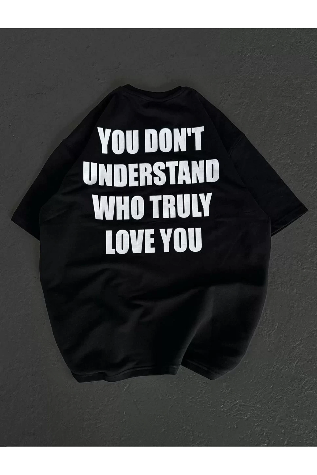 Unisex Bisiklet Yaka Baskılı Oversize T-Shirt - Siyah