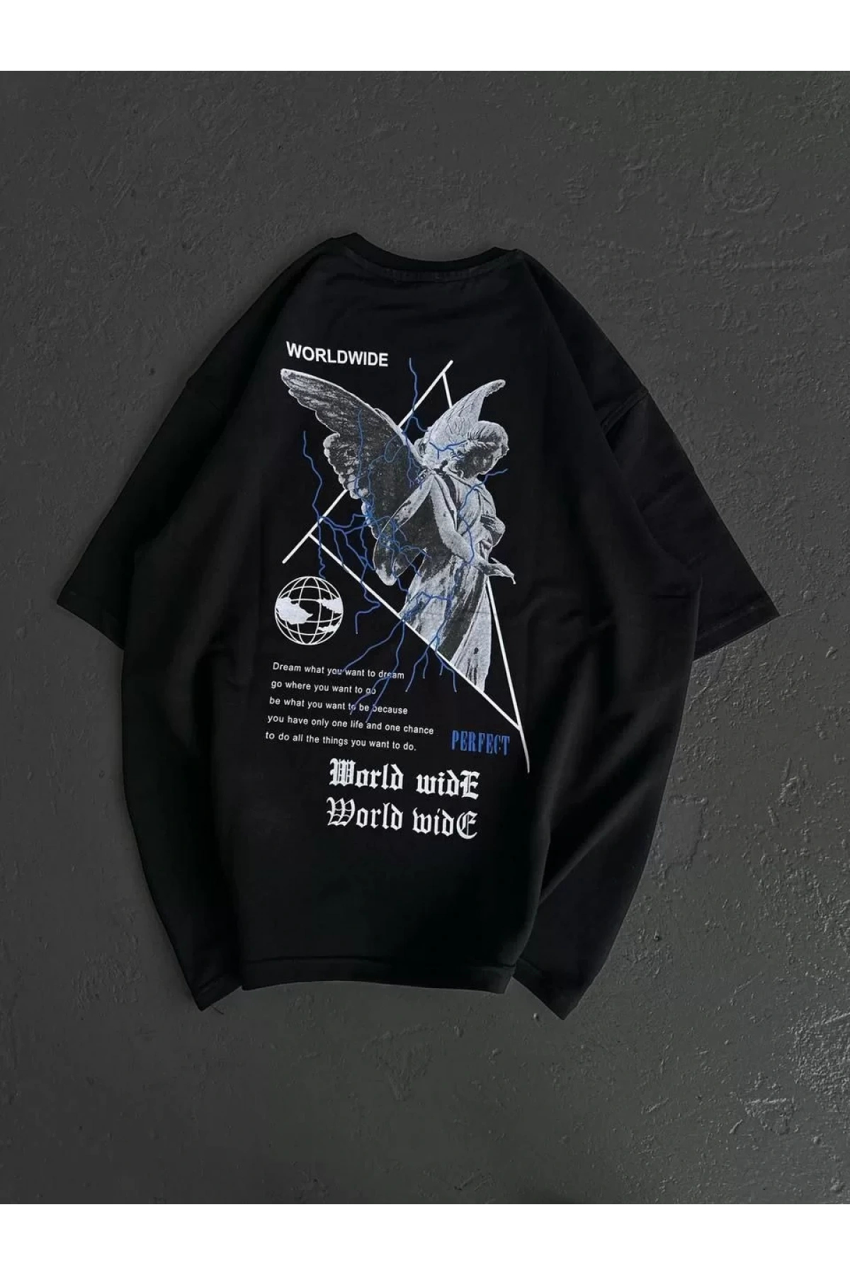 Unisex Bisiklet Yaka Baskılı Oversize T-Shirt - Siyah