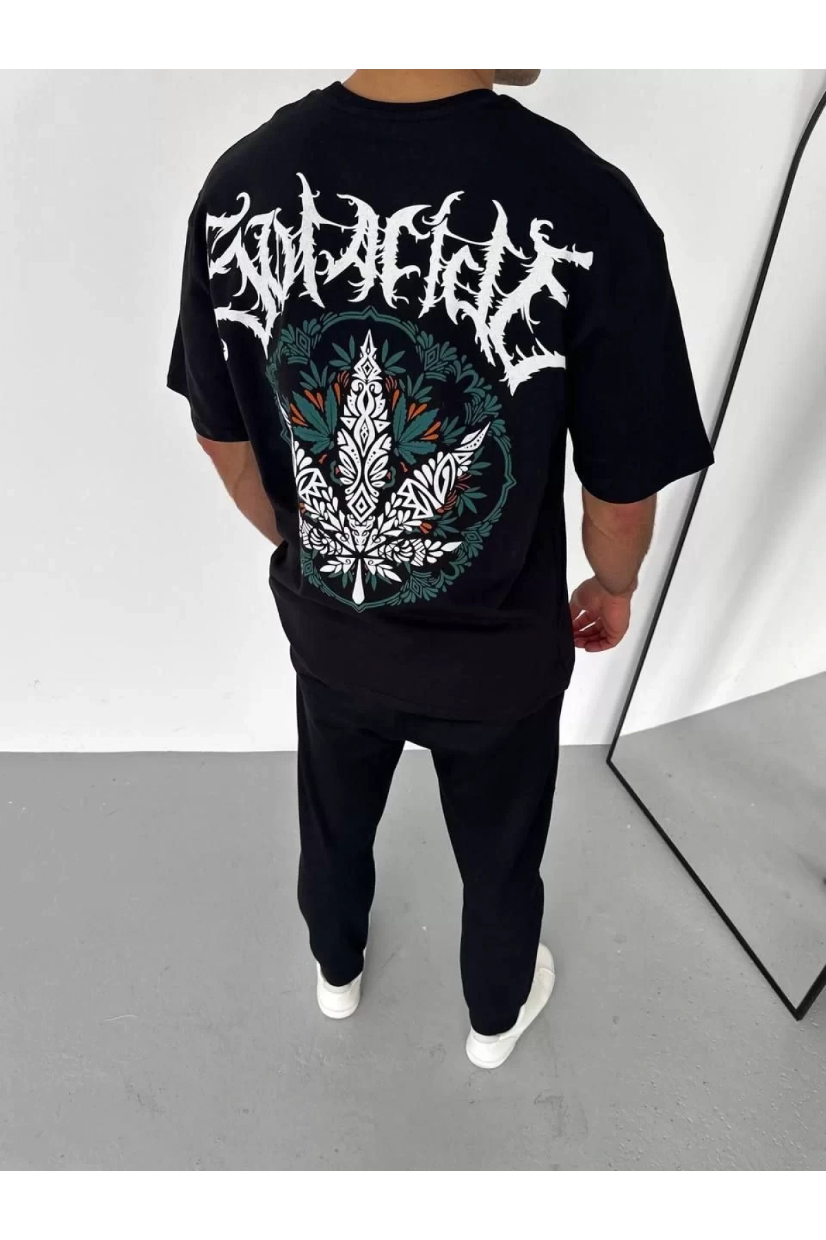 Unisex Bisiklet Yaka Baskılı Oversize T-Shirt - Siyah