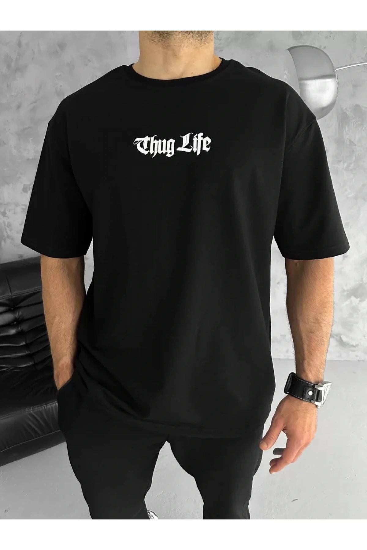 Unisex Bisiklet Yaka Baskılı Oversize T-Shirt - Siyah