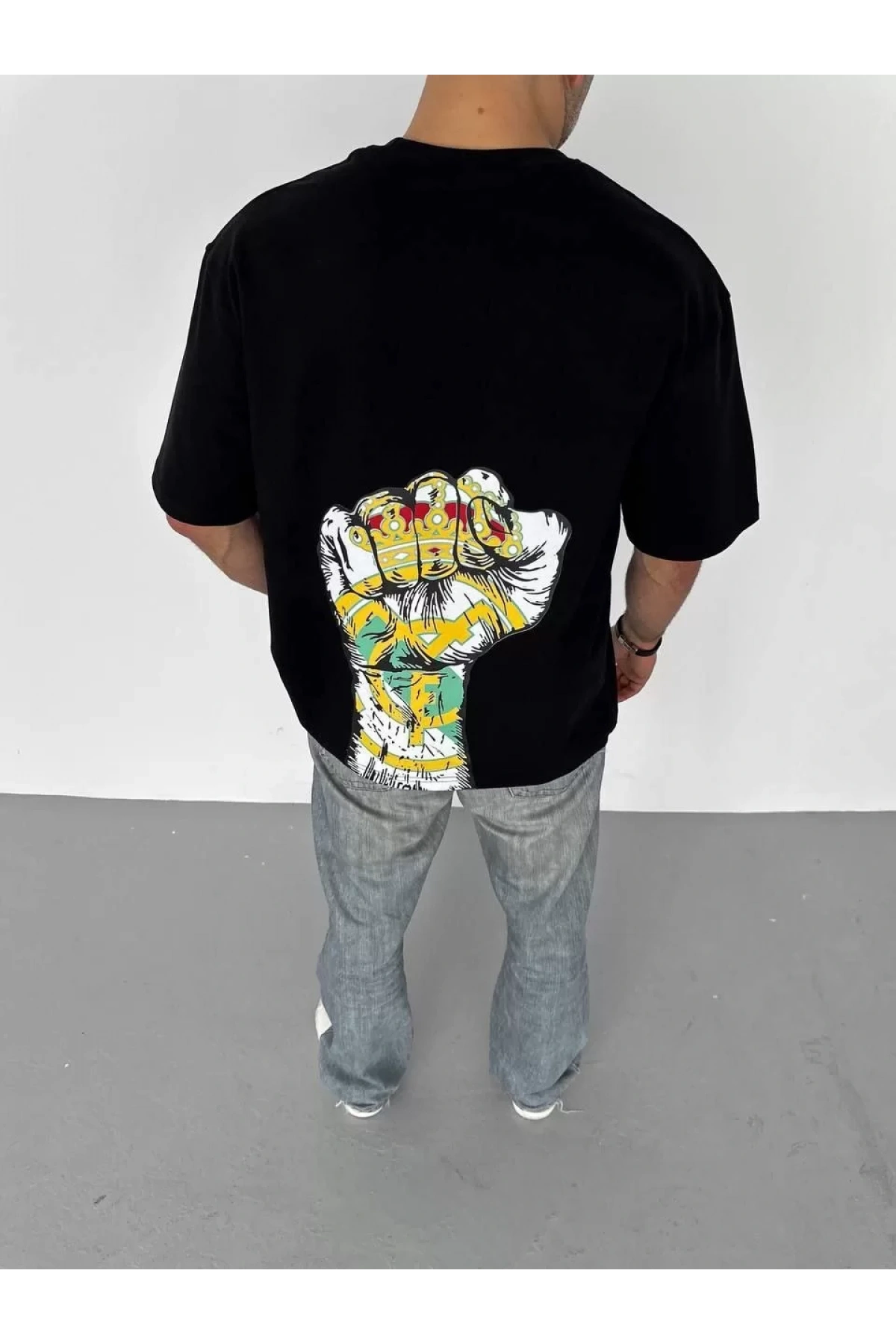 Unisex Bisiklet Yaka Baskılı Oversize T-Shirt - Siyah